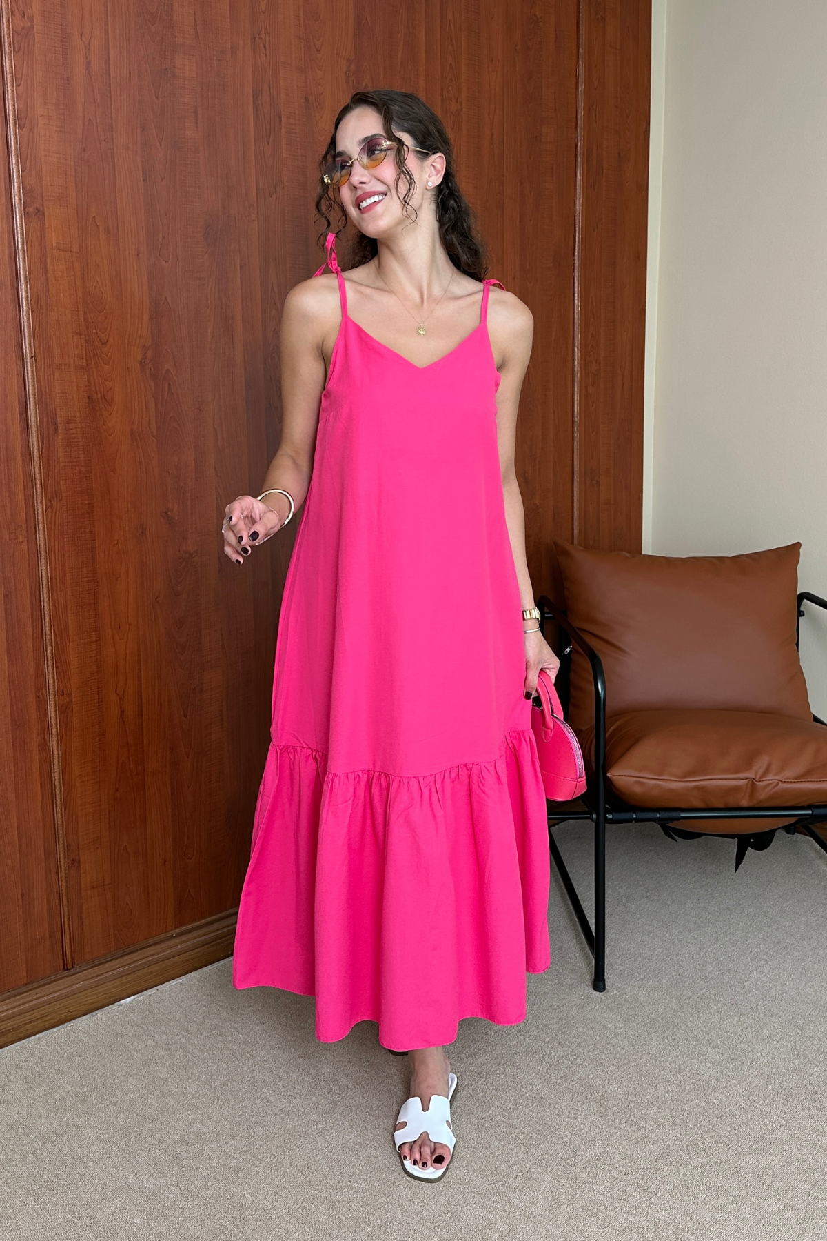 Askılı Poplin Elbise - PEMBE