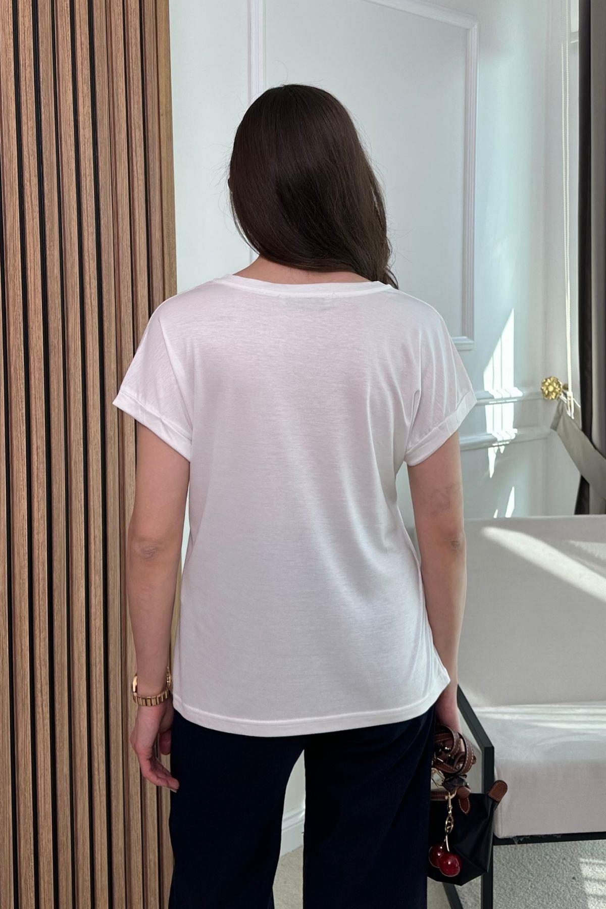 Basic V Yaka T-Shirt - BEYAZ