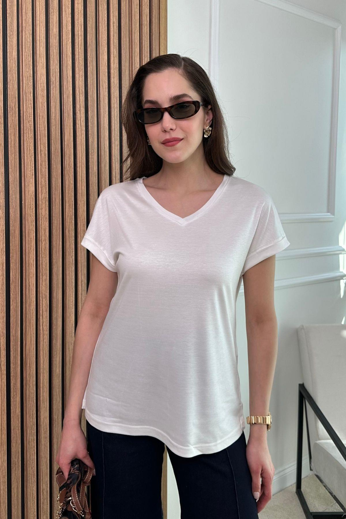 Basic V Yaka T-Shirt - BEYAZ