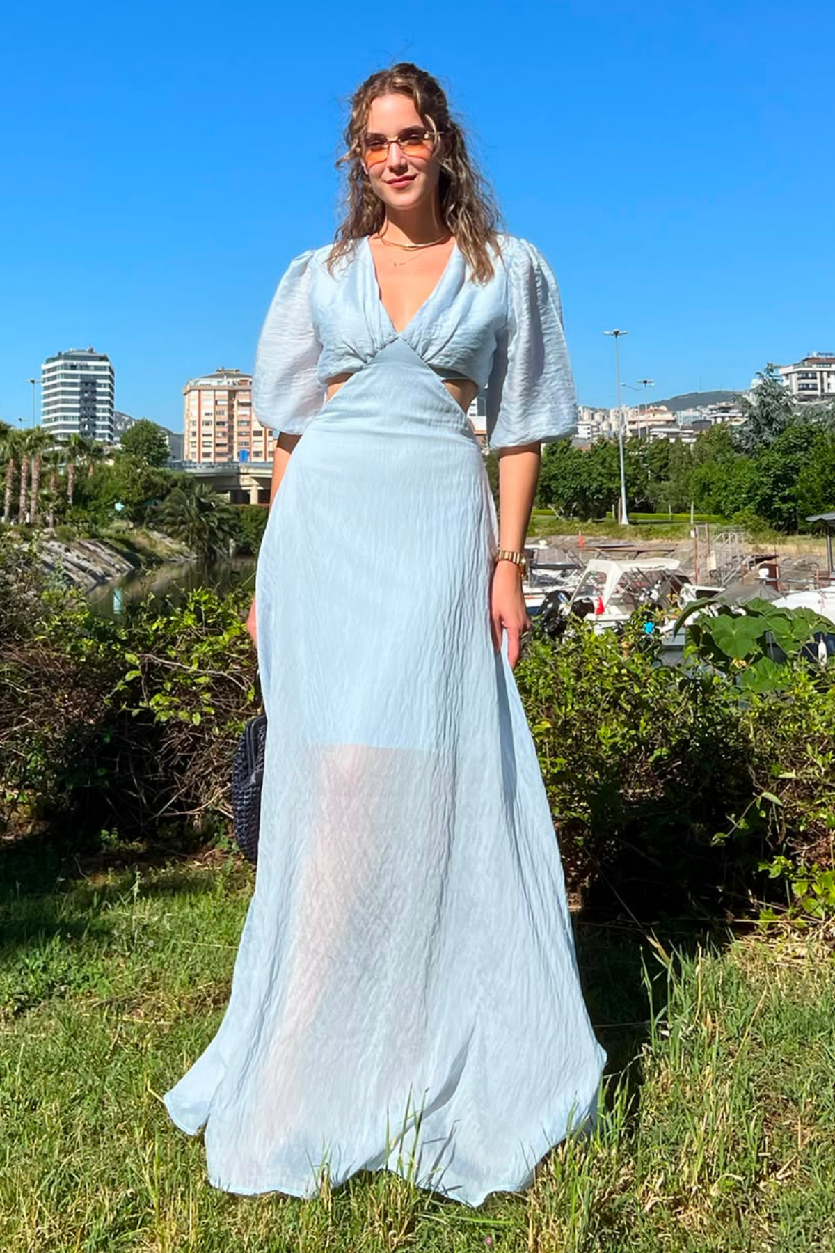 Bel Dekolteli Elbise - MAVİ