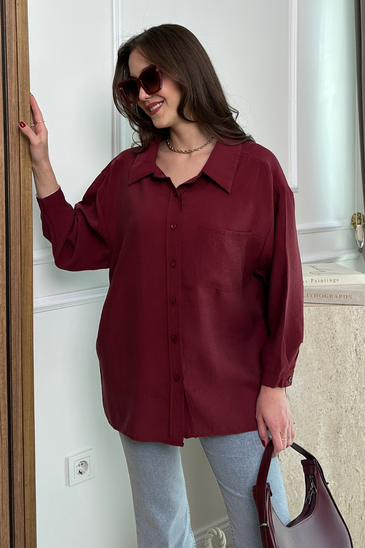 Cepli Oversize Gömlek - BORDO