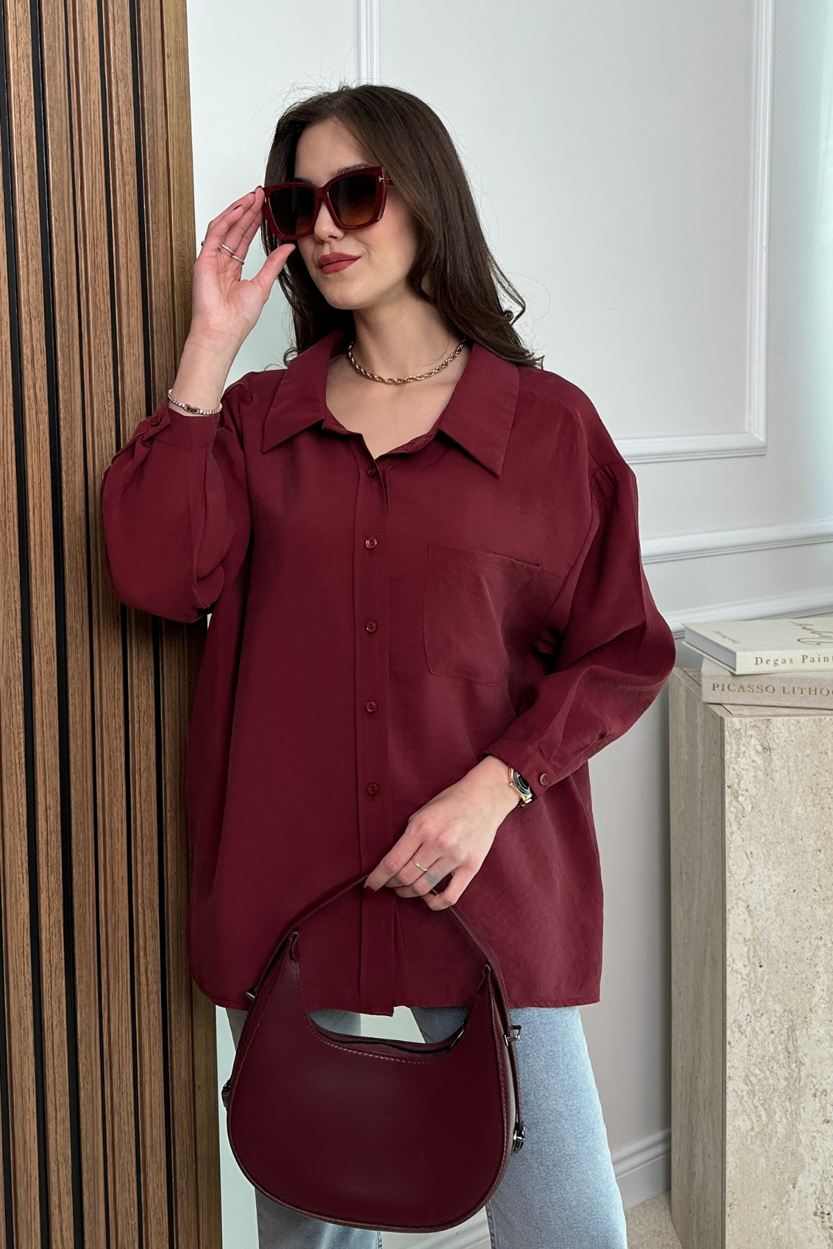 Cepli Oversize Gömlek - BORDO