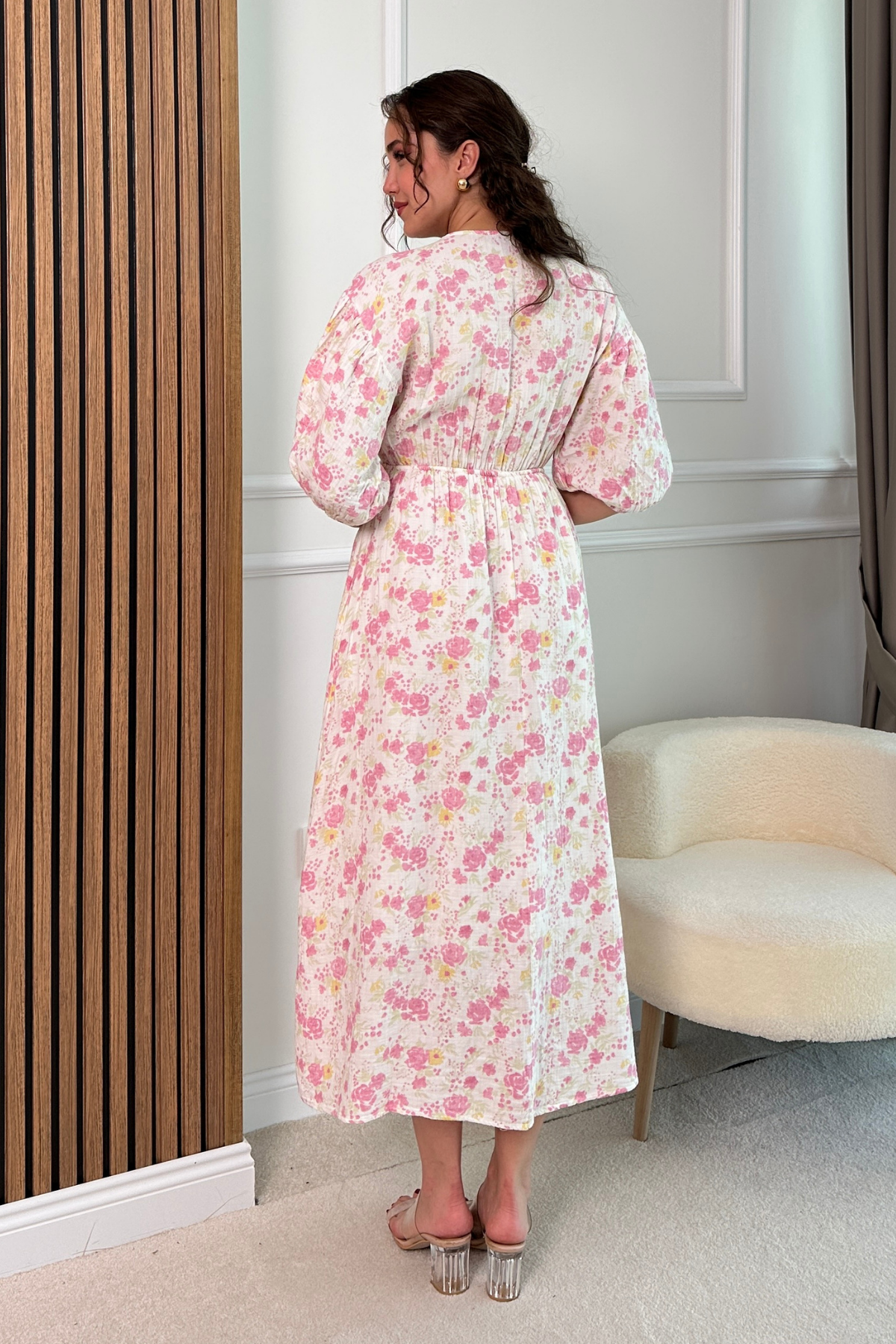 Çiçekli Müslin Elbise - PEMBE