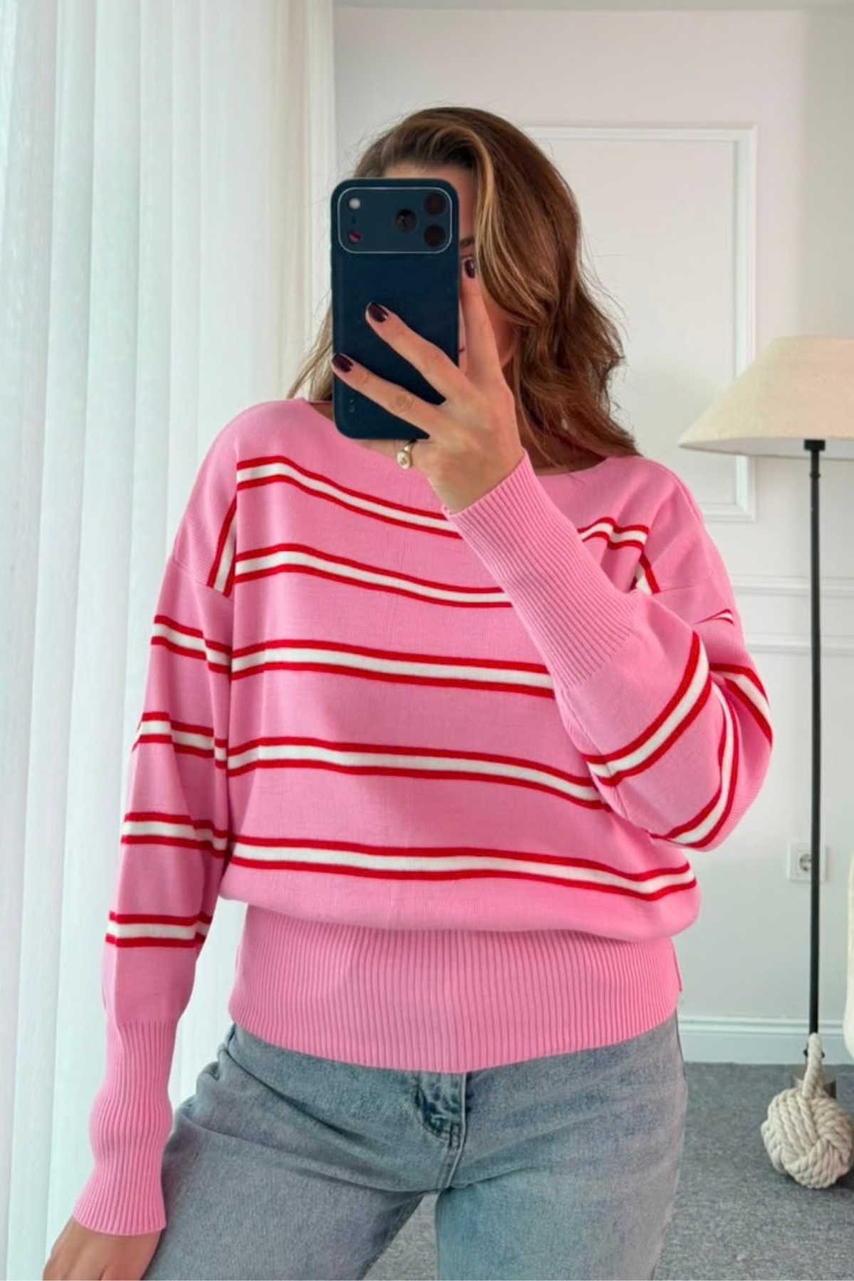 Çizgili Kayık Yaka Triko - PEMBE