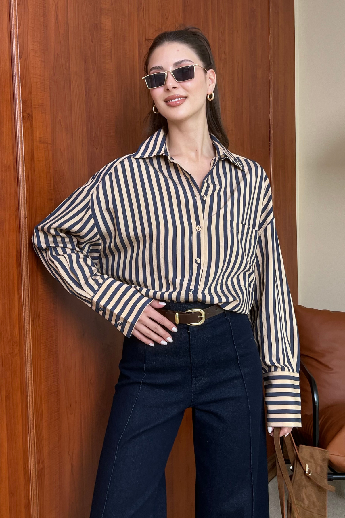 Çizgili Oversize Gömlek - TABA