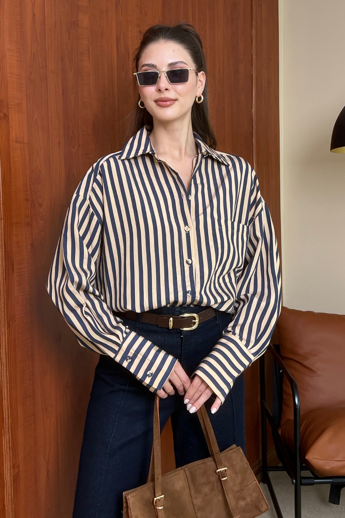 Çizgili Oversize Gömlek - TABA