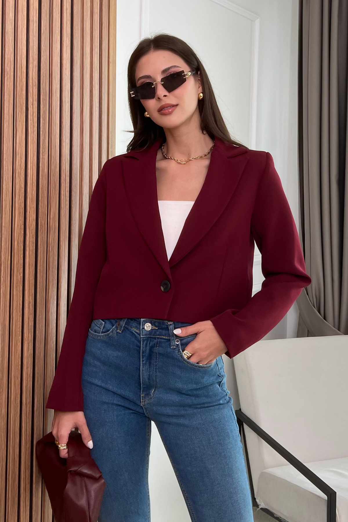 Crop Ceket -  BORDO