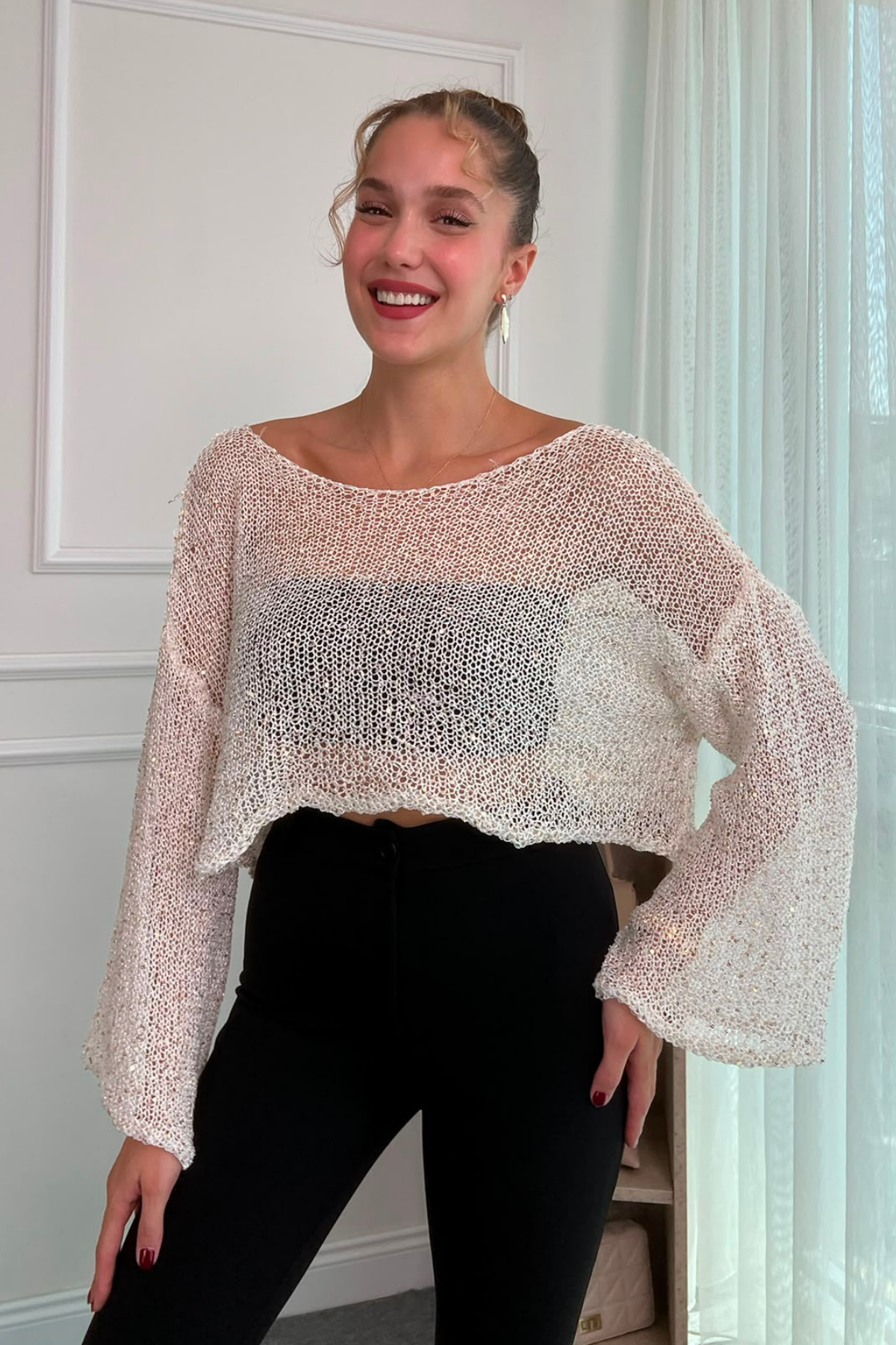 Crop Işıltılı Bluz - BEYAZ