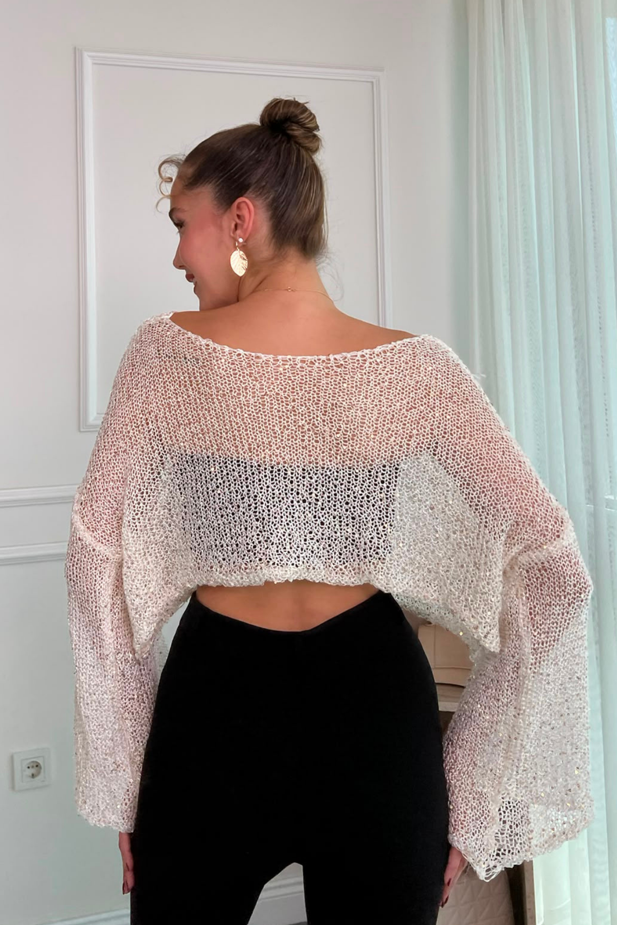 Crop Işıltılı Bluz - BEYAZ