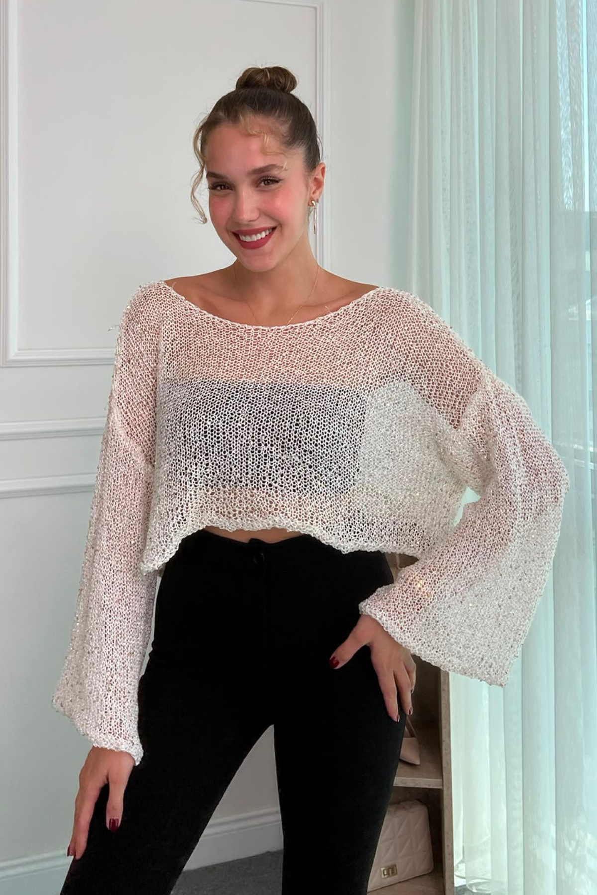 Crop Işıltılı Bluz - BEYAZ