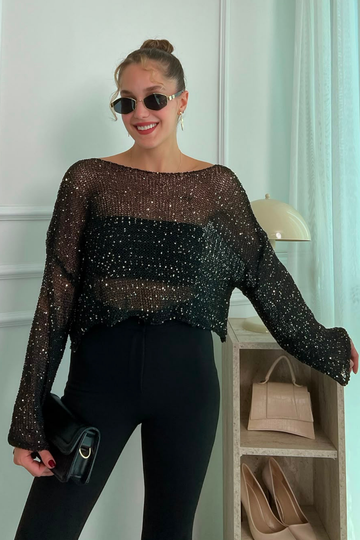 Crop Işıltılı Bluz - SİYAH