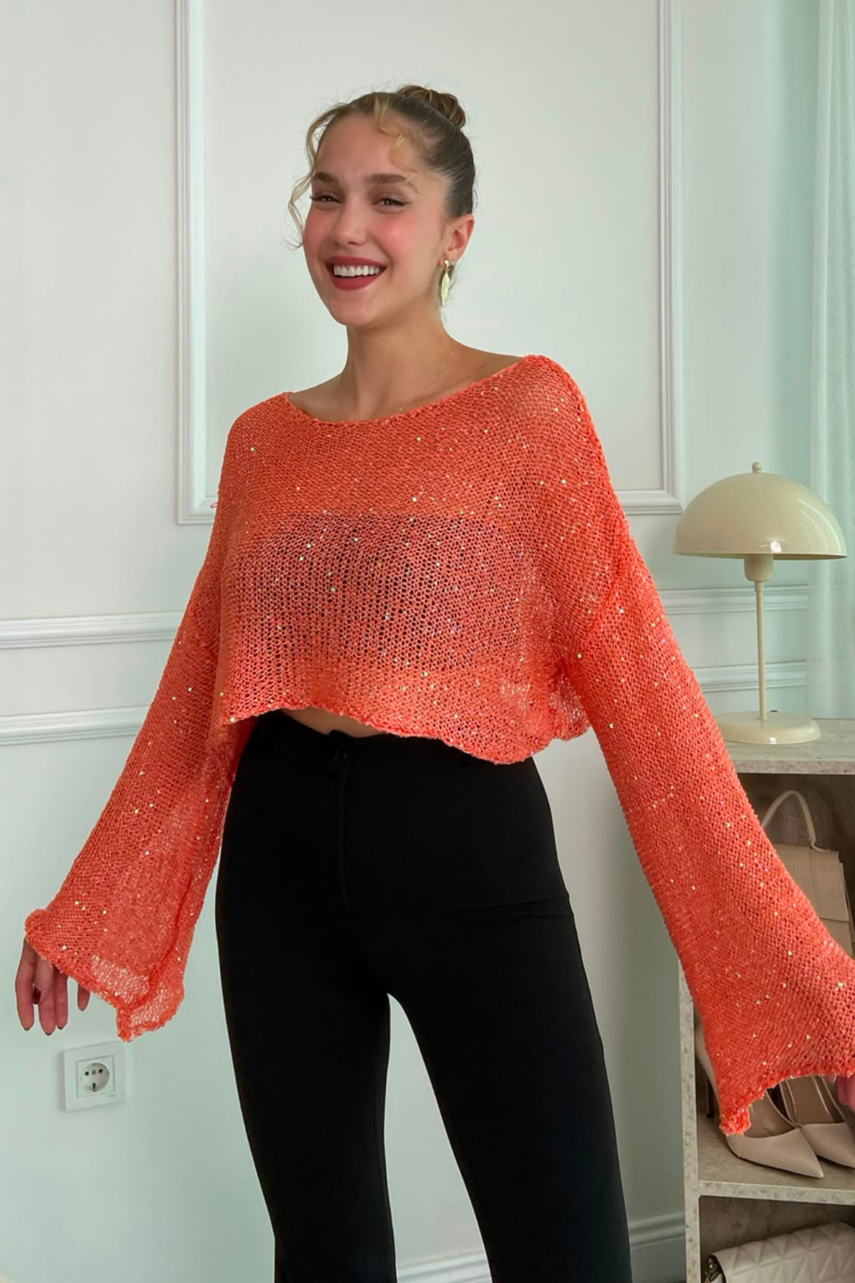 Crop Işıltılı Bluz - TURUNCU