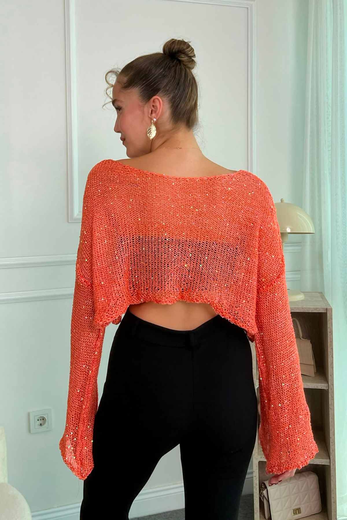 Crop Işıltılı Bluz - TURUNCU