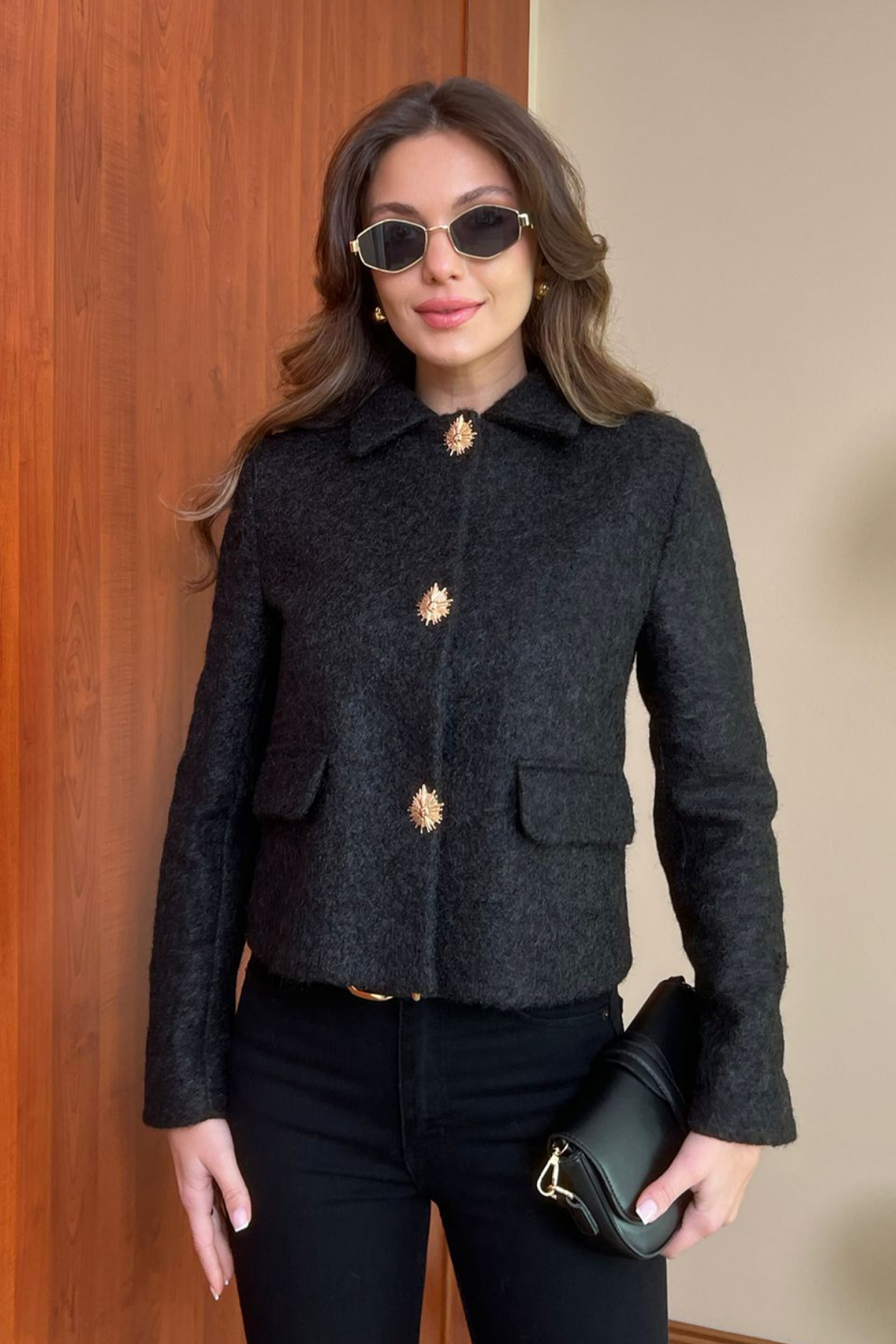 Crop Kaşe Ceket - SİYAH