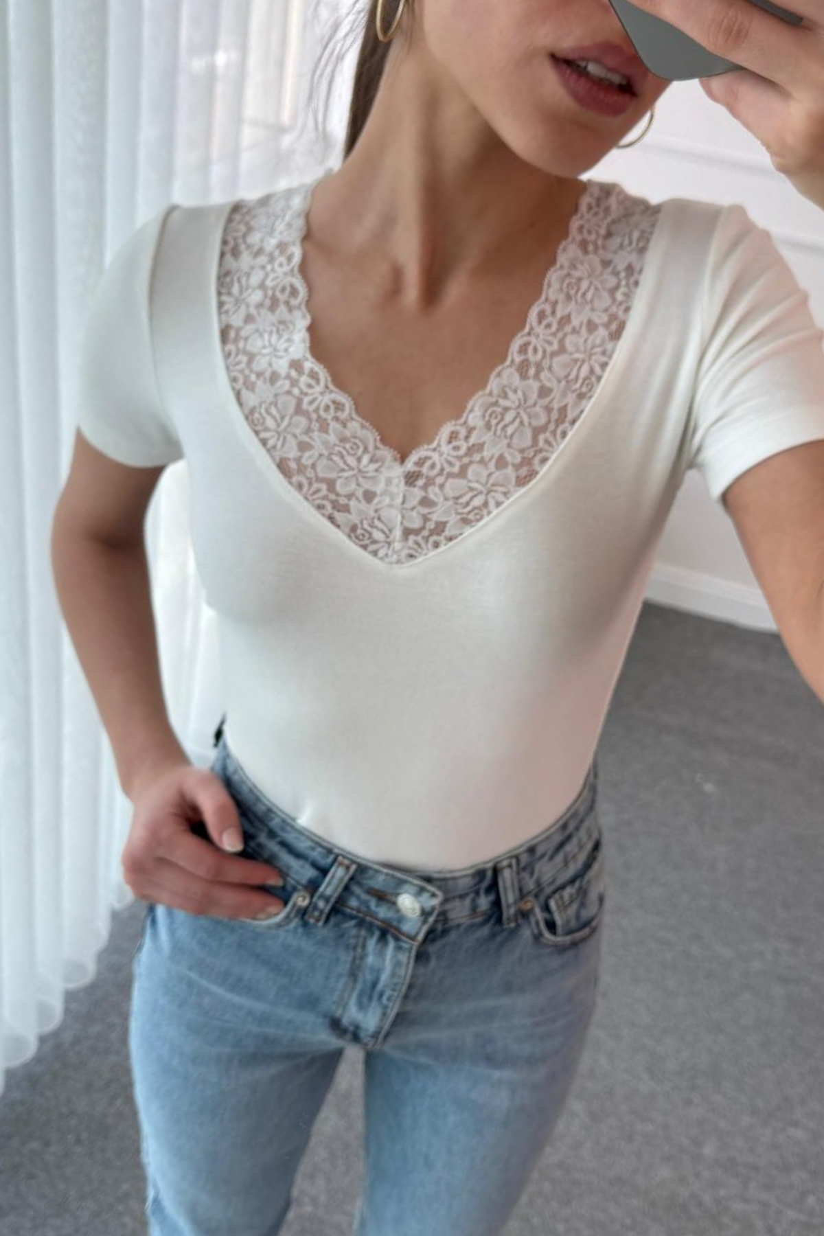 Dantel Detaylı T-shirt - BEYAZ