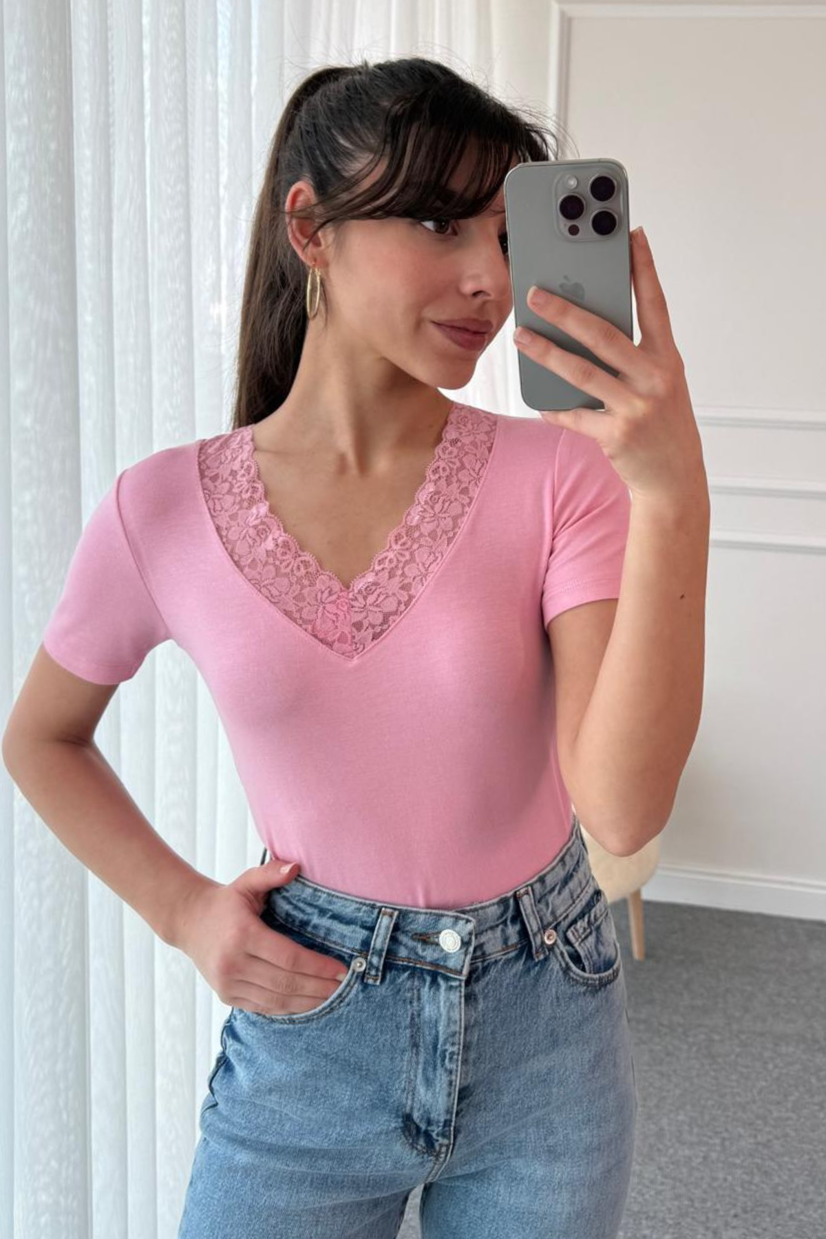 Dantel Detaylı T-shirt - PEMBE
