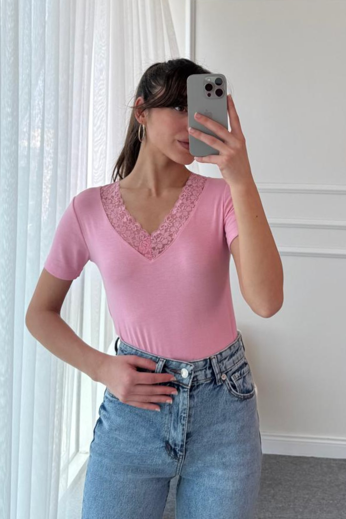 Dantel Detaylı T-shirt - PEMBE