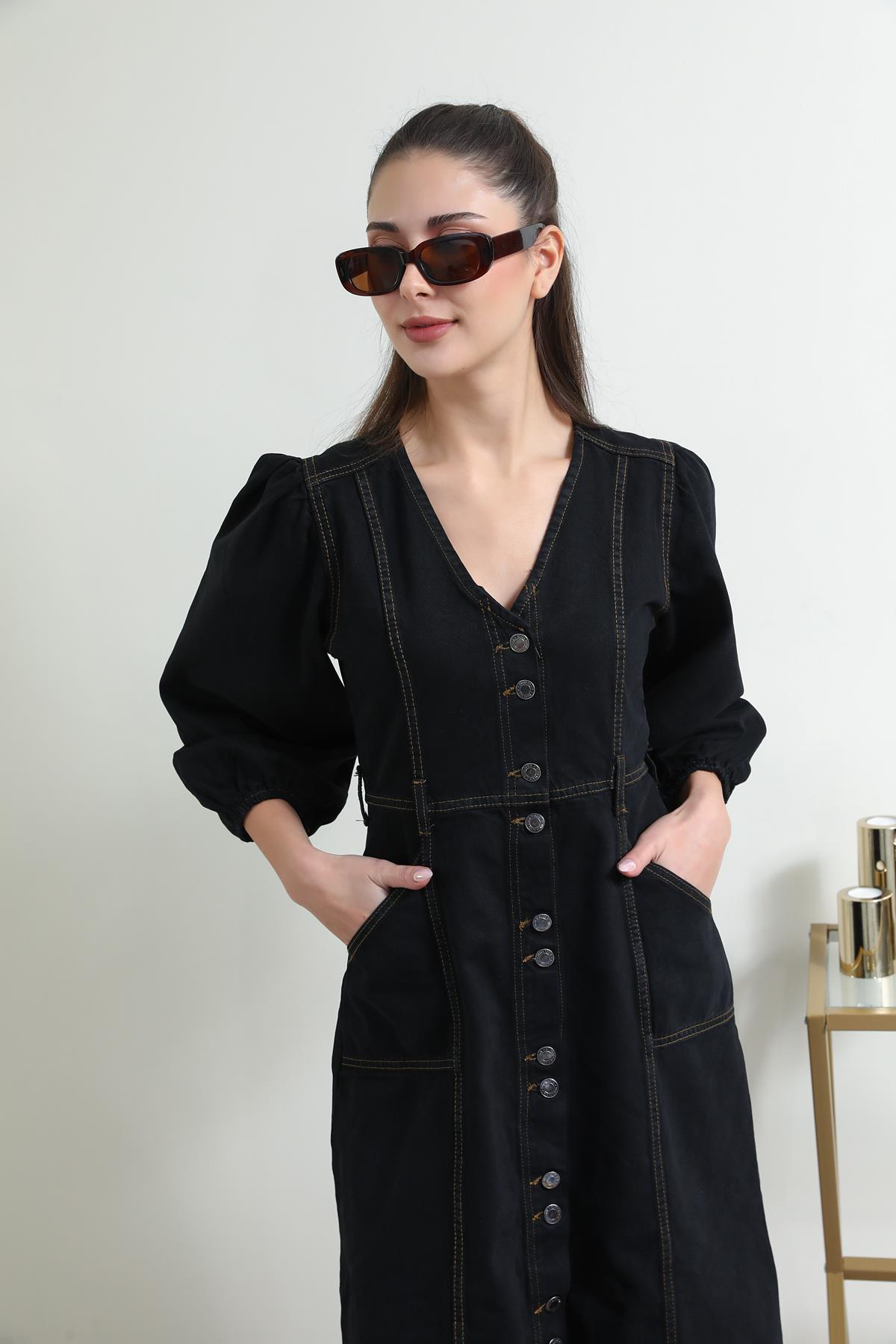 Denim Midi Elbise - SİYAH