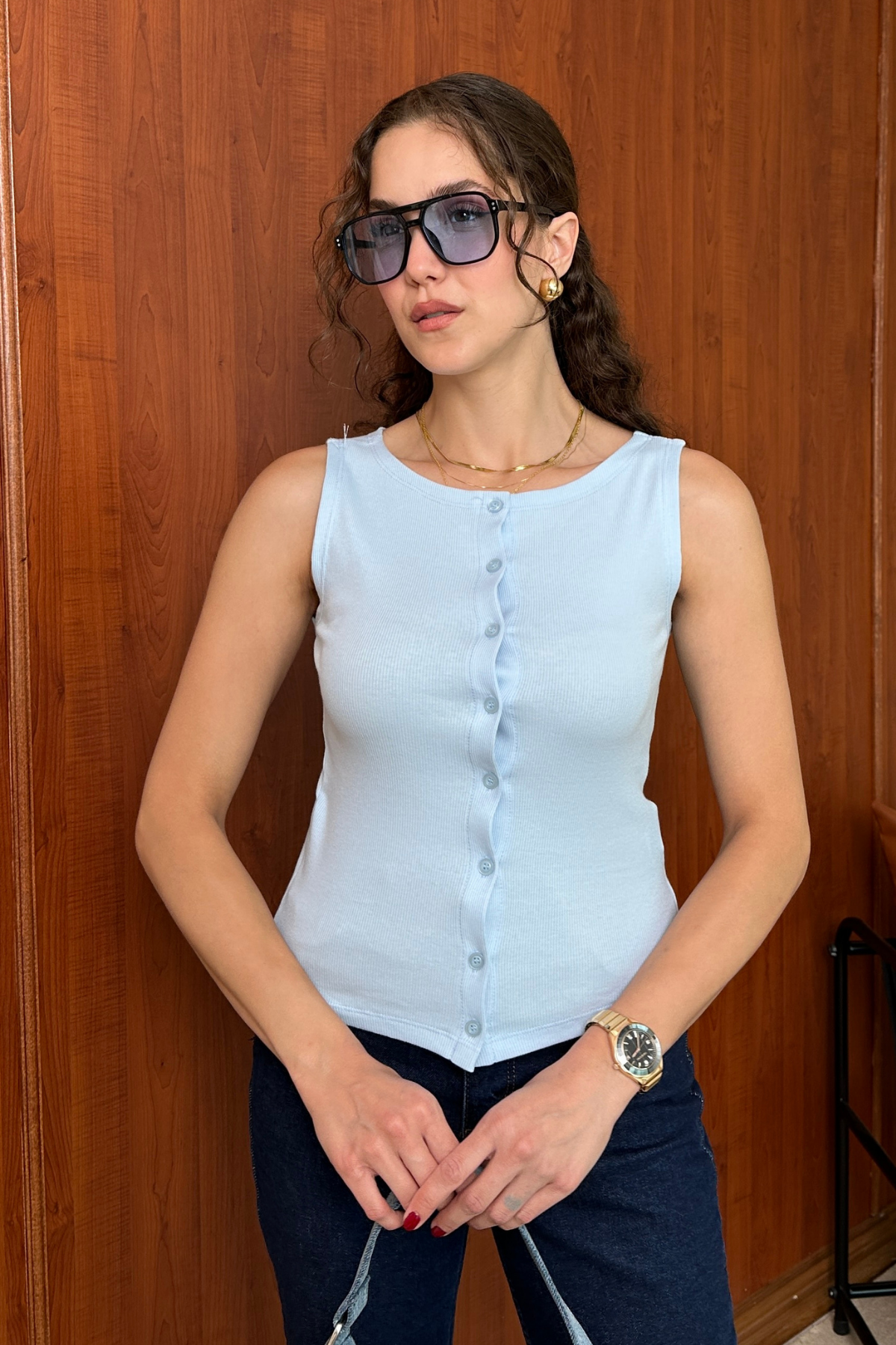 Düğmeli Crop - MAVİ