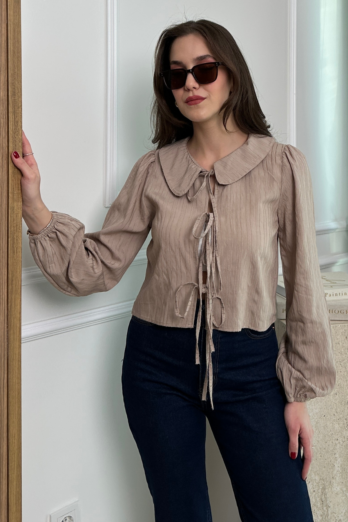 Fiyonklu Crop Bluz - CAMEL