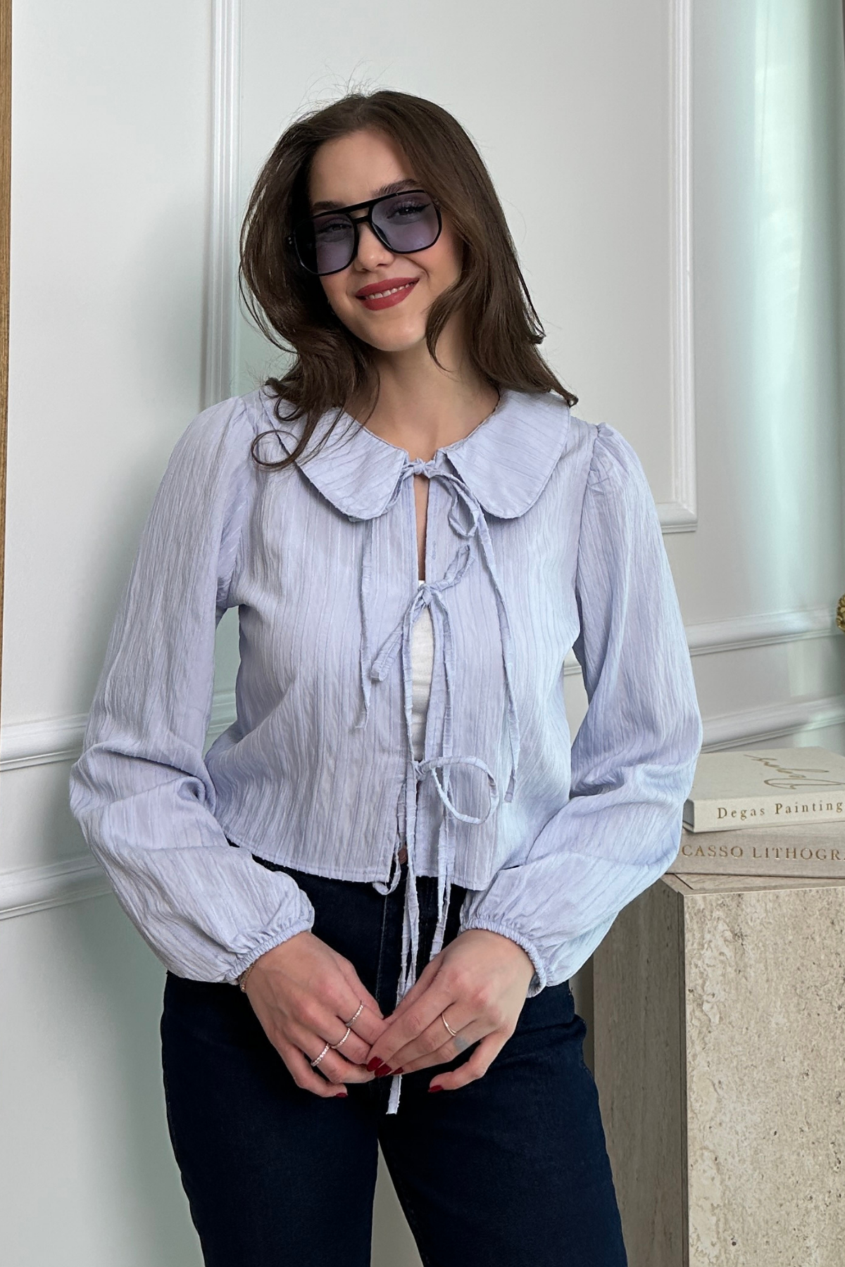 Fiyonklu Crop Bluz - MAVİ