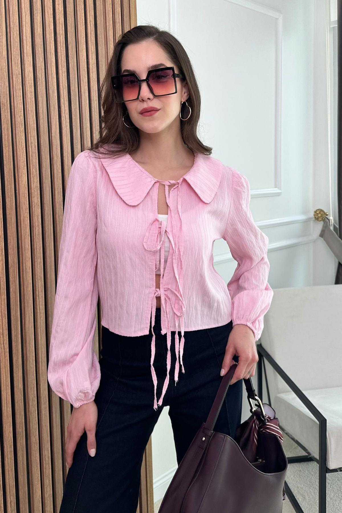 Fiyonklu Crop Bluz - PEMBE