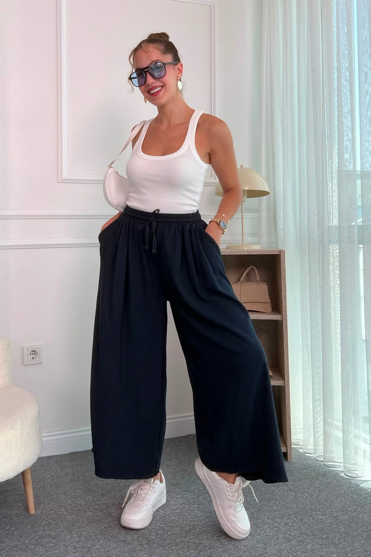 Geniş Paça Keten Pantolon - LACİVERT