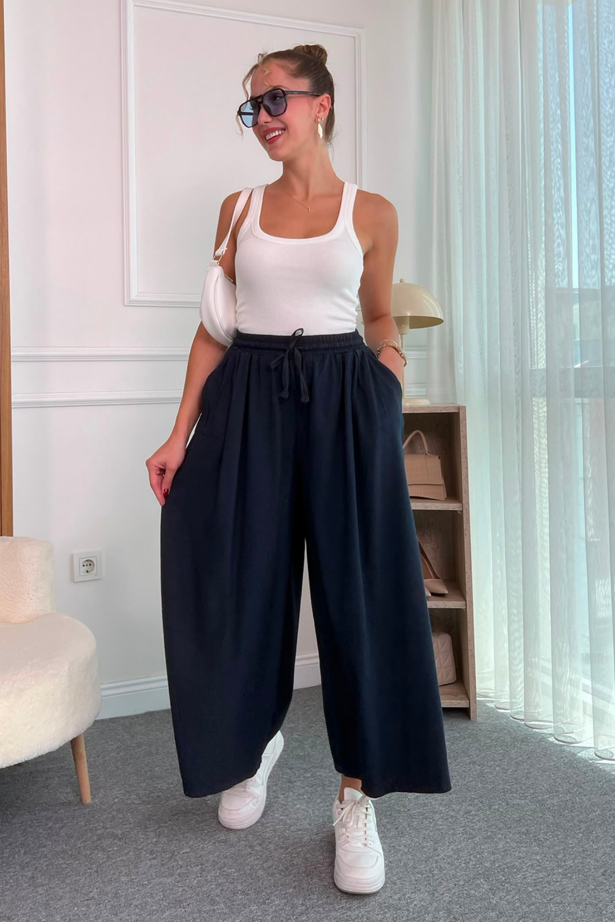 Geniş Paça Keten Pantolon - LACİVERT