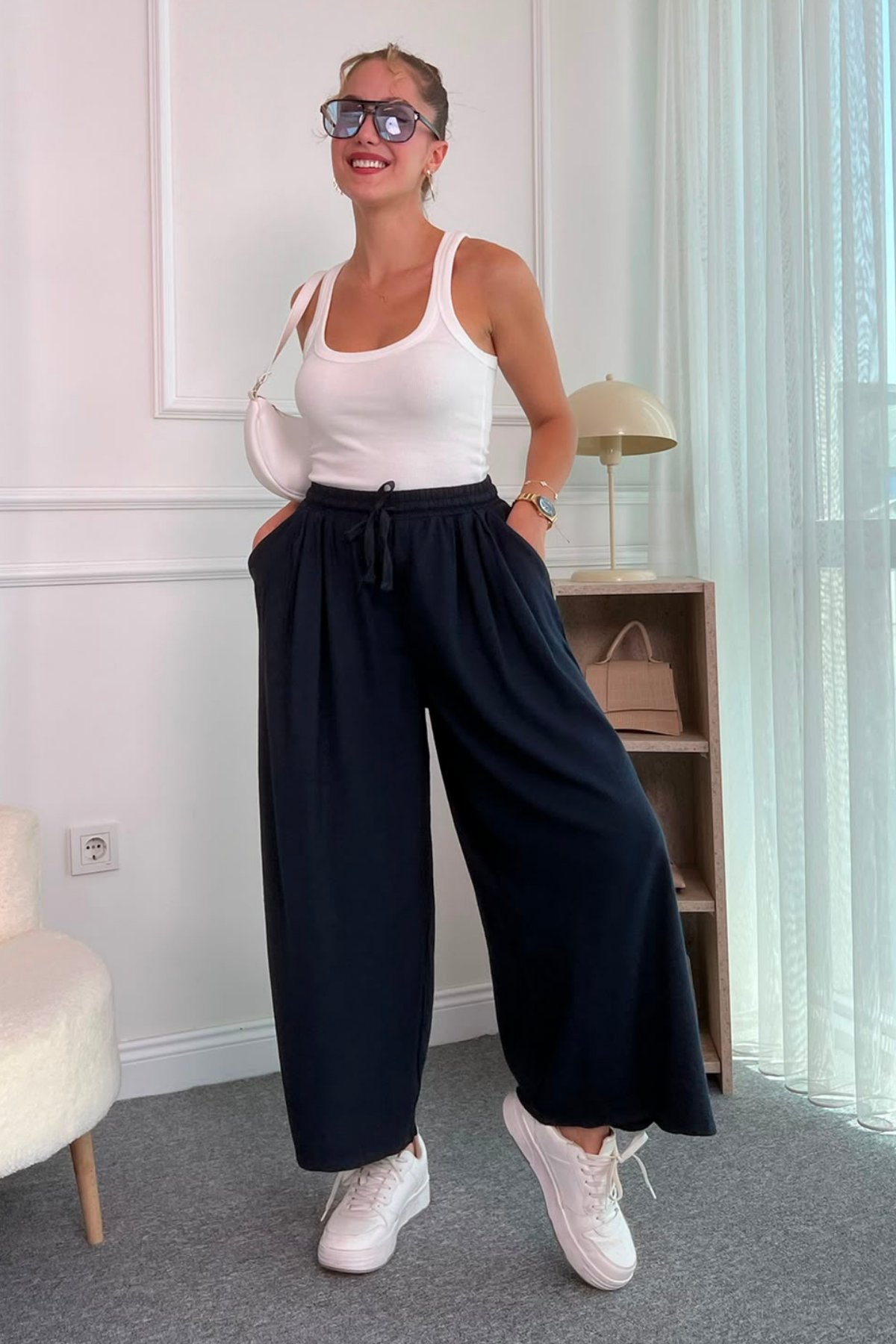 Geniş Paça Keten Pantolon - LACİVERT