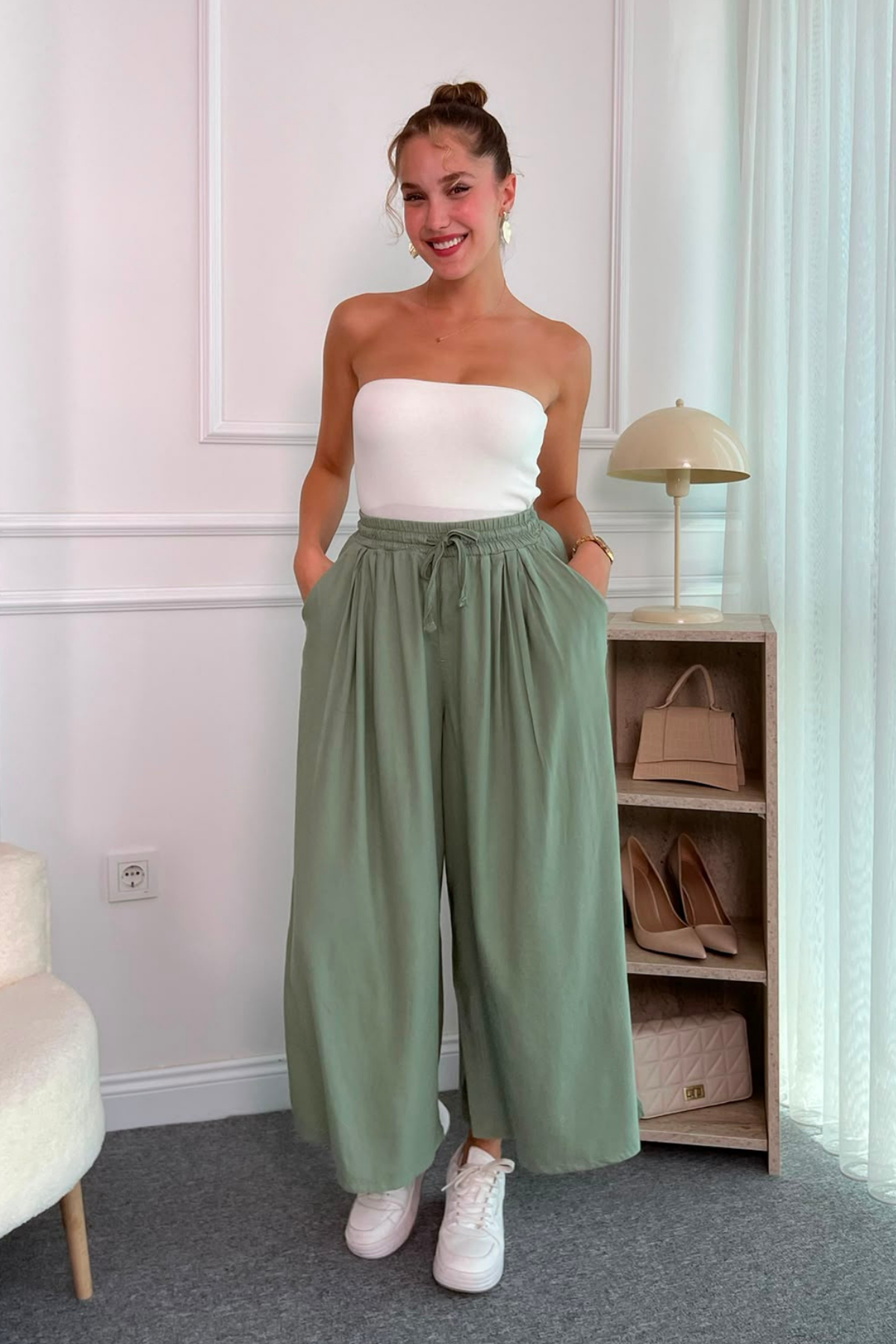 Geniş Paça Keten Pantolon - YEŞİL