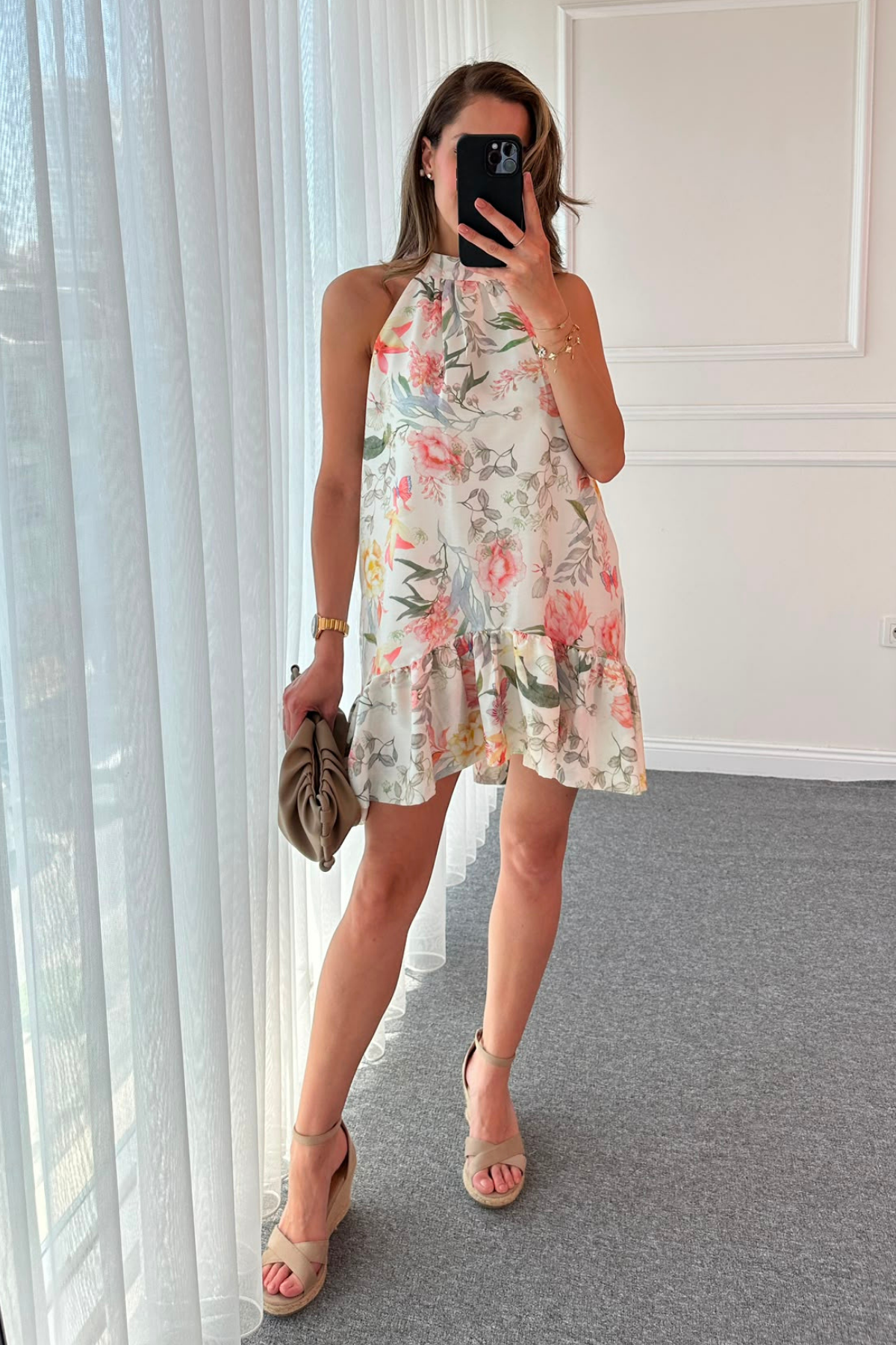 Halter Yaka Mini Elbise - BEYAZ