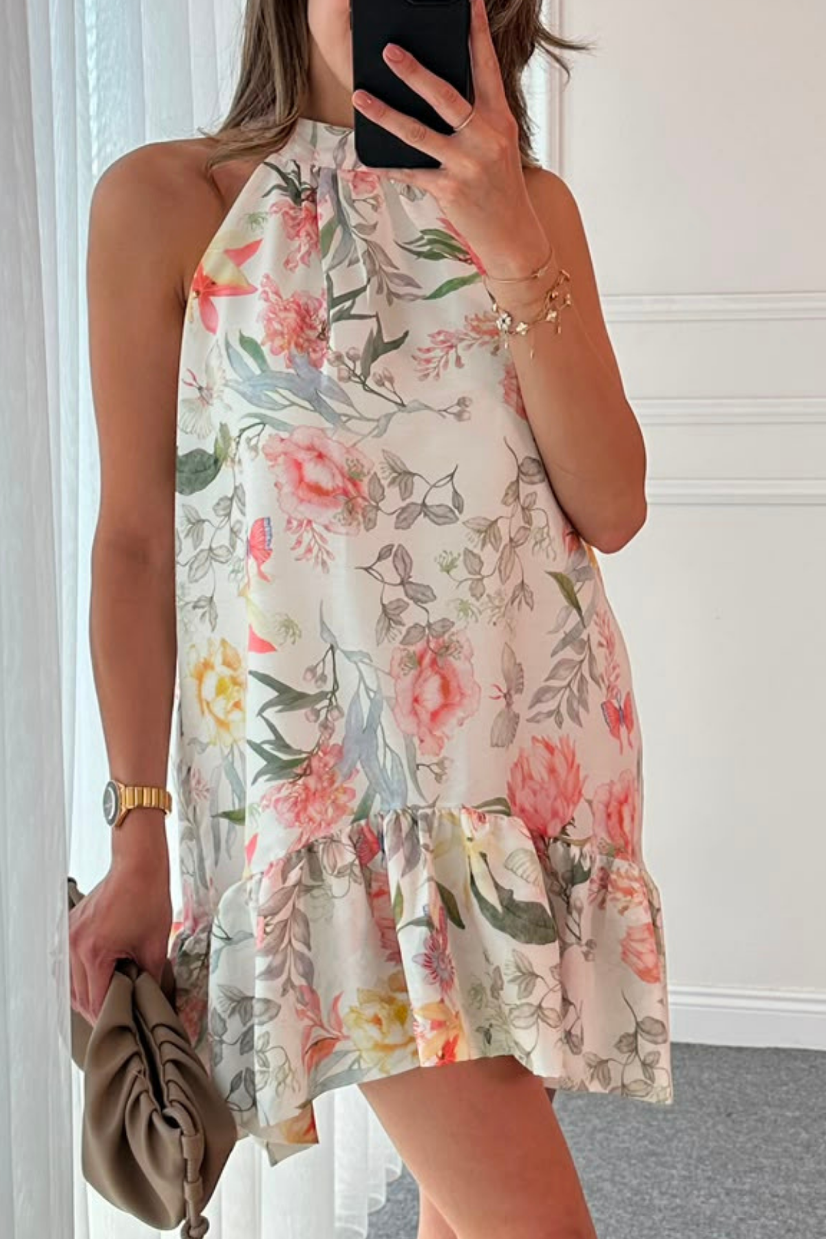 Halter Yaka Mini Elbise - BEYAZ