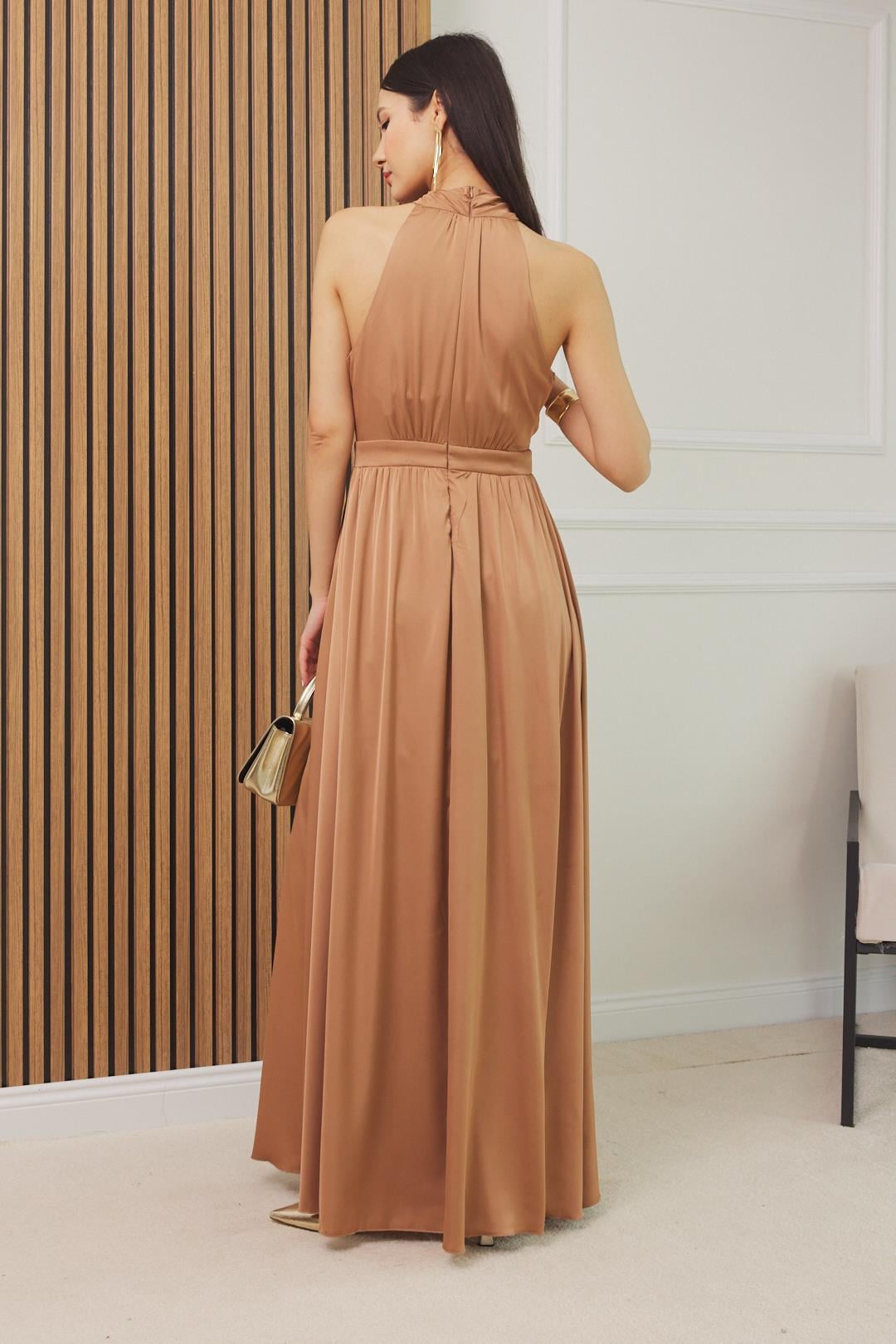Halter Yaka Saten Elbise - CAMEL