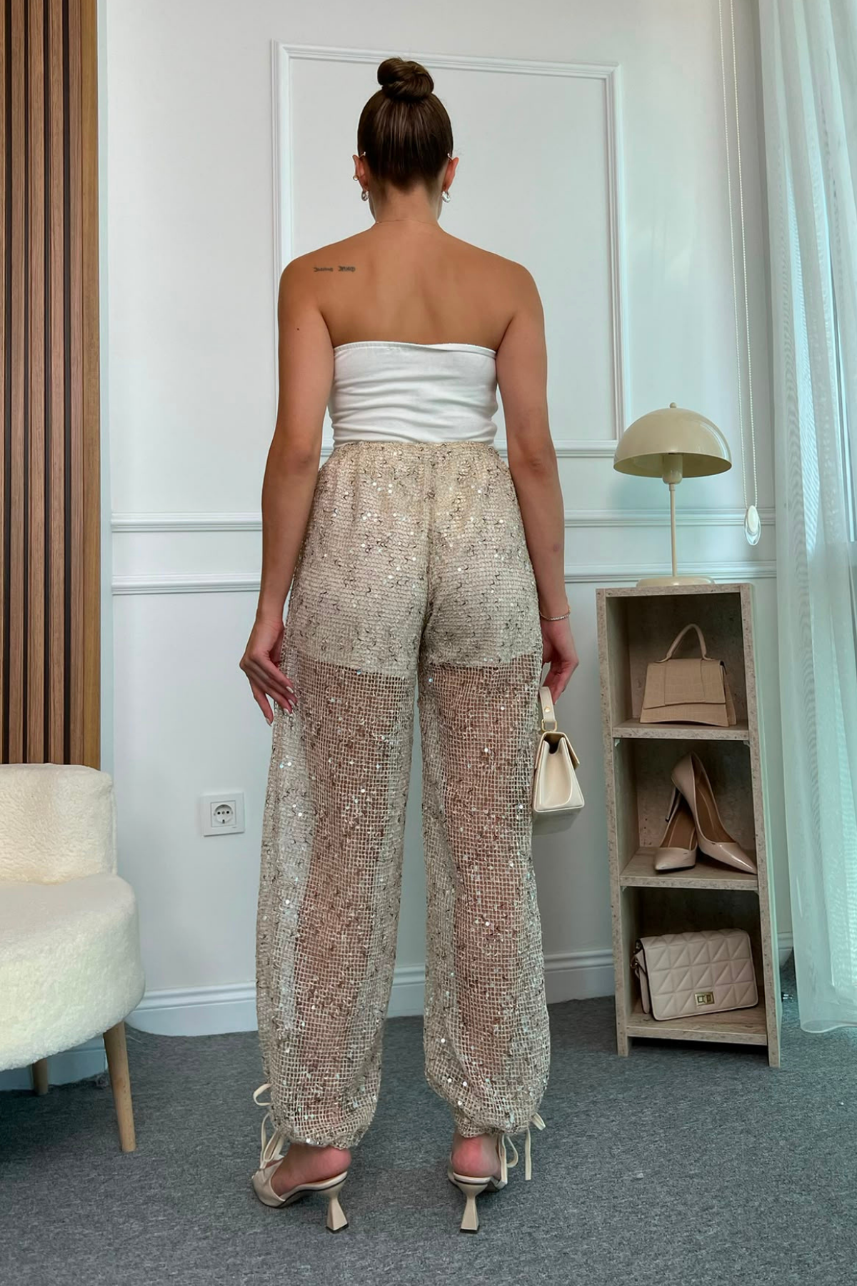 Işıltılı Pantolon - KREM