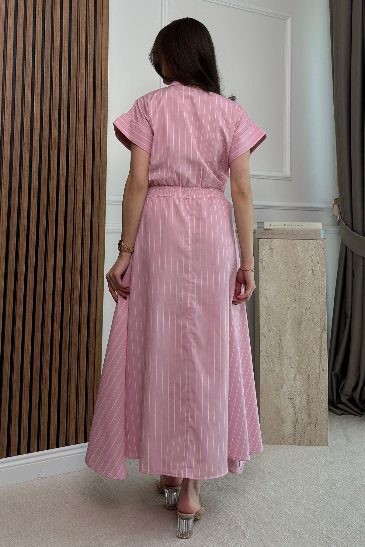Kuş İşleme Gömlek Elbise - PEMBE