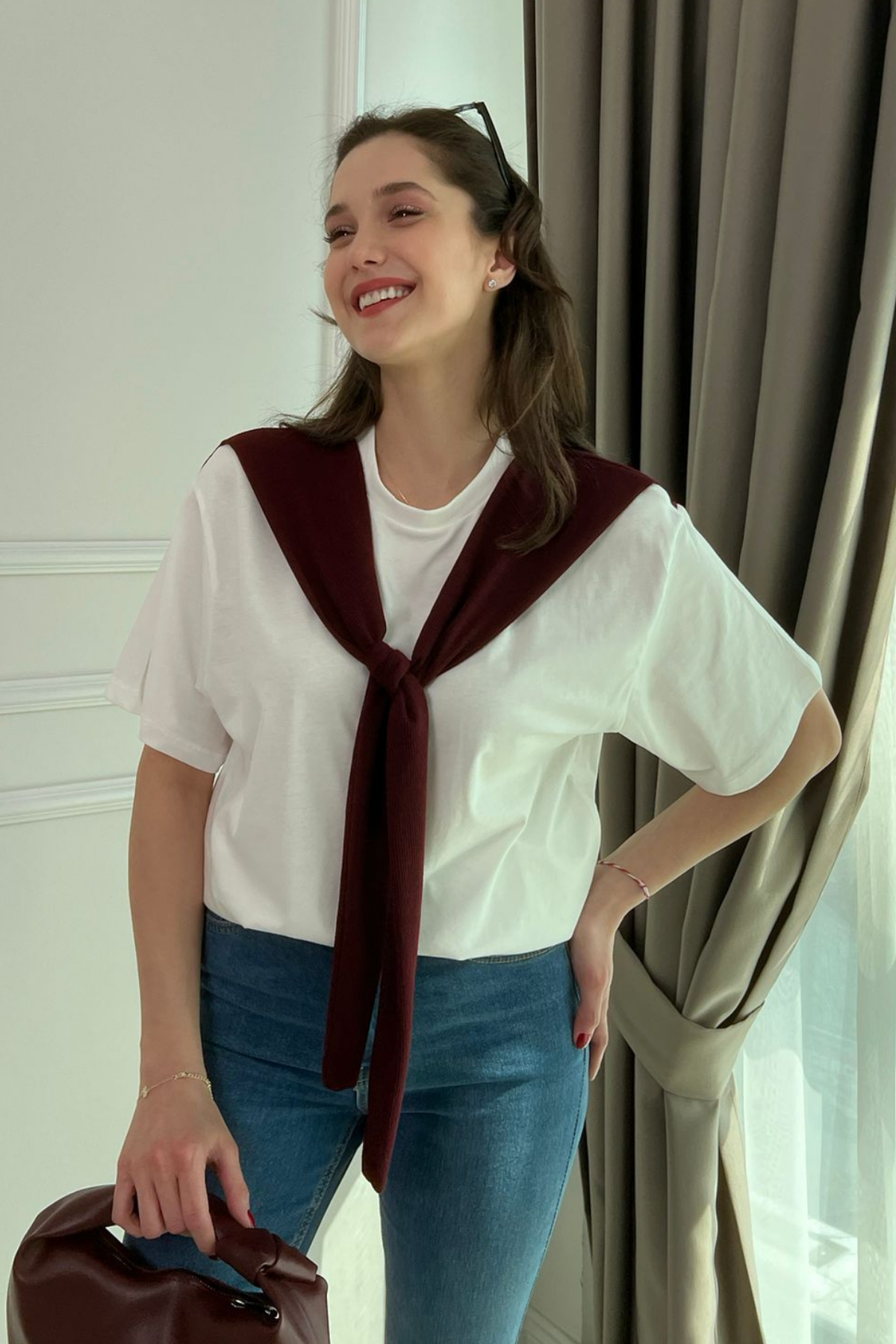 Omuz Detaylı T-Shirt - BORDO