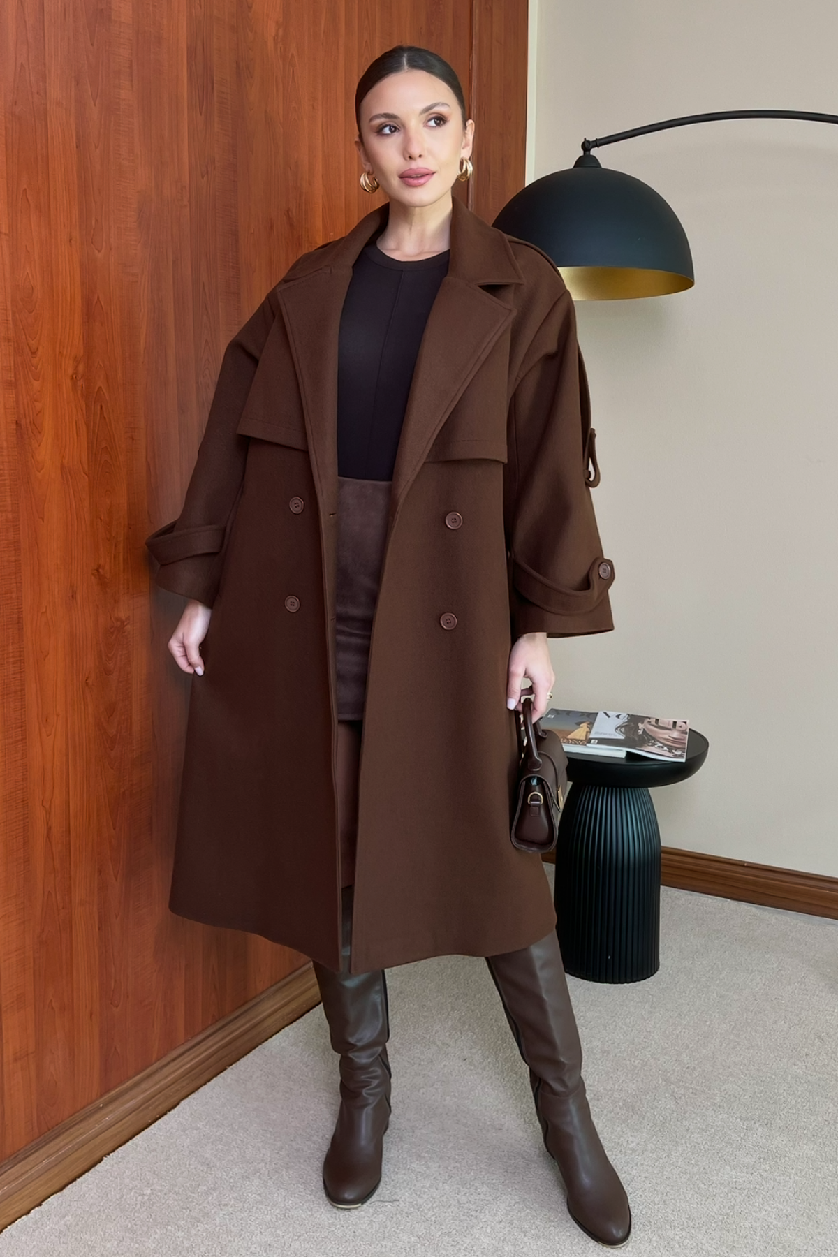 Oversize Kaşe Kaban - KAHVERENGİ