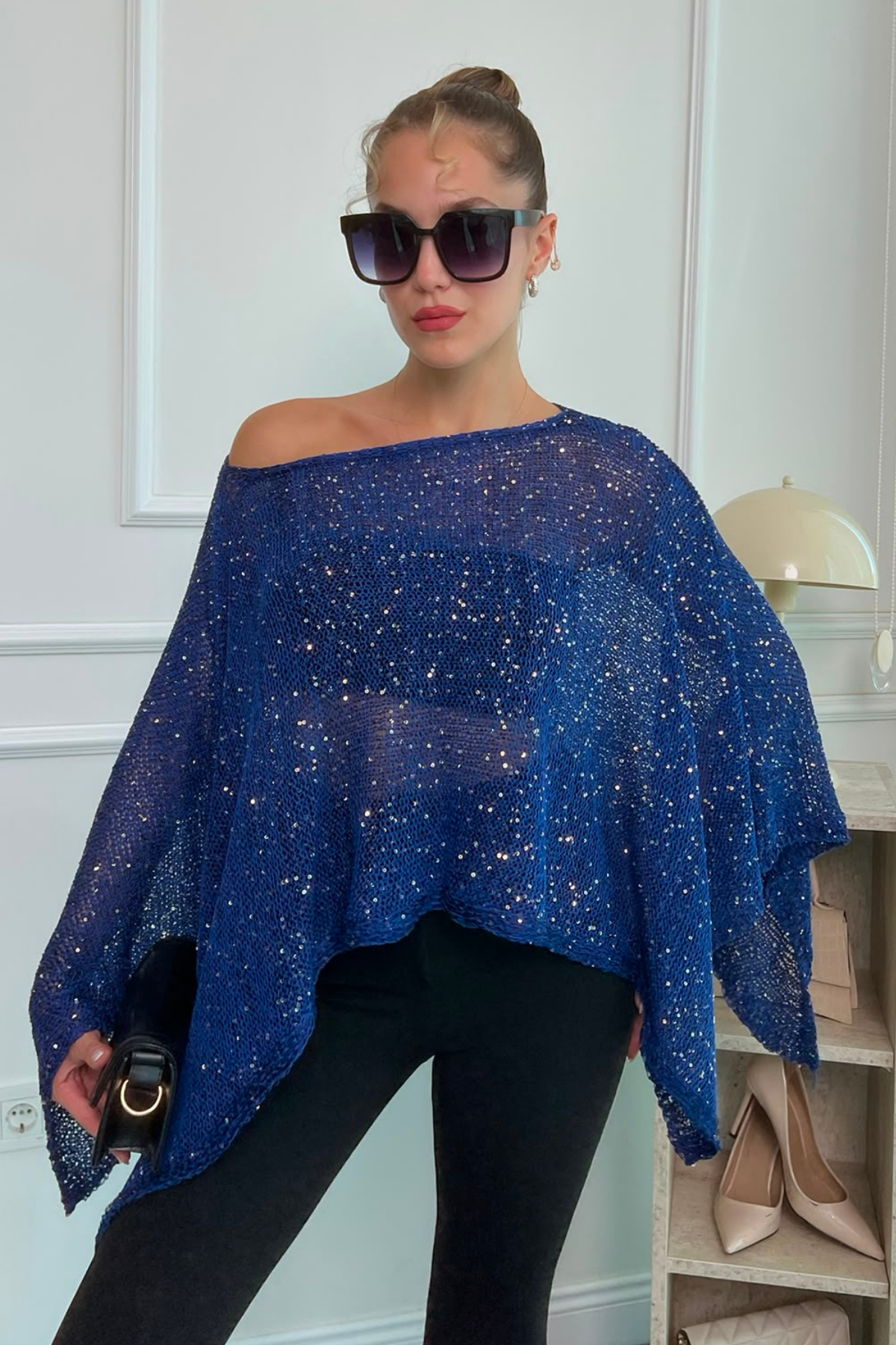 Pullu Pelerin Bluz - LACİVERT