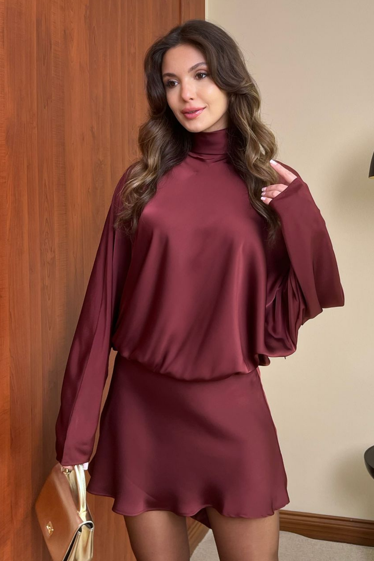 Saten Mini Elbise - BORDO