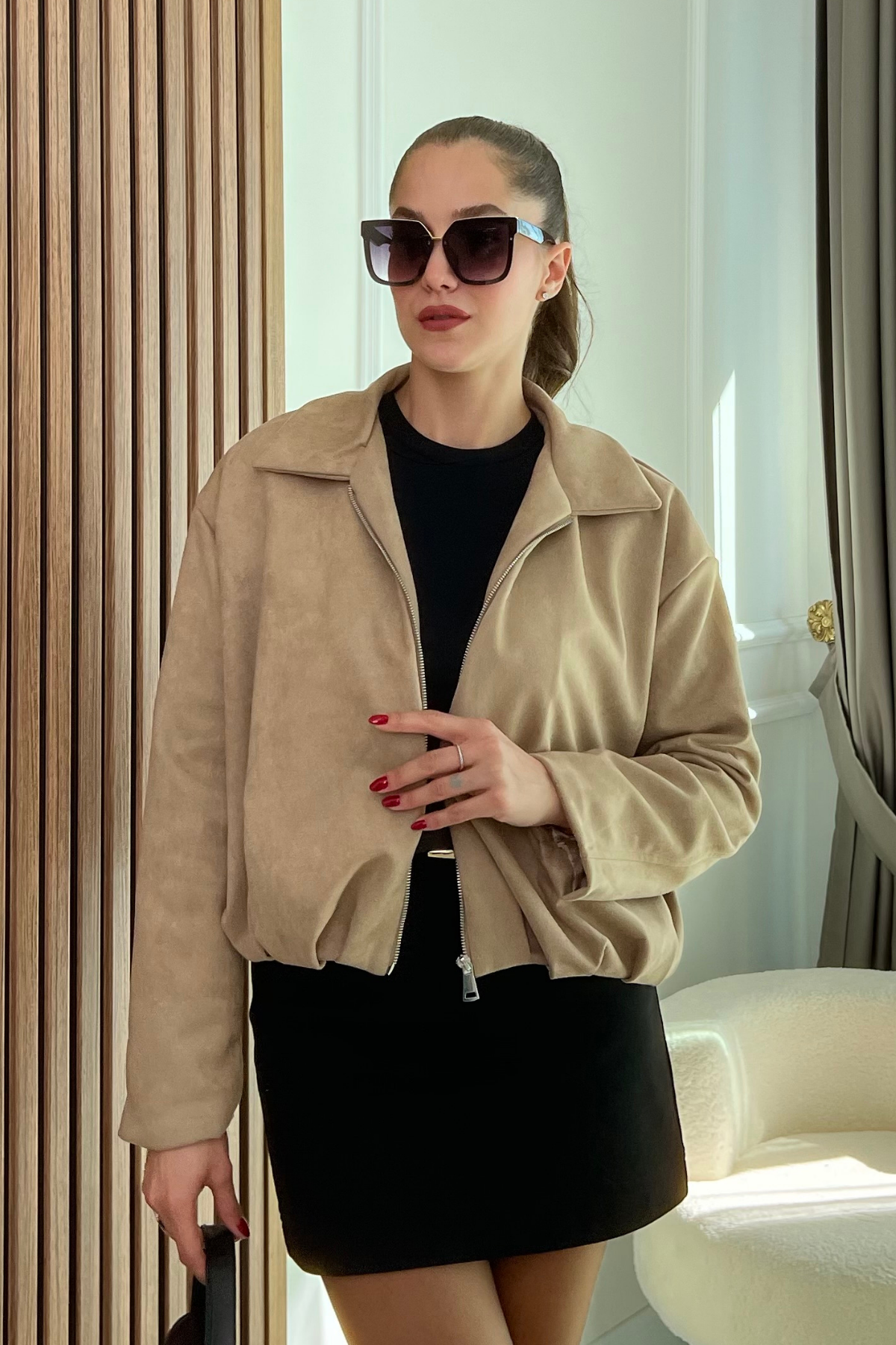 Süet Bomber Ceket - CAMEL