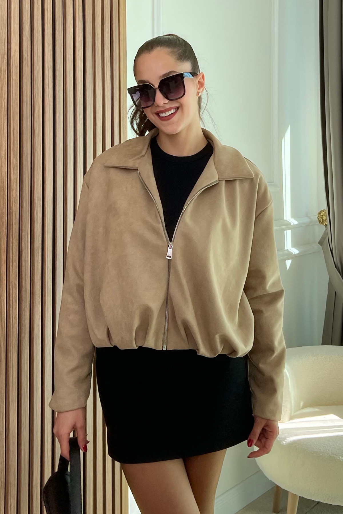 Süet Bomber Ceket - CAMEL