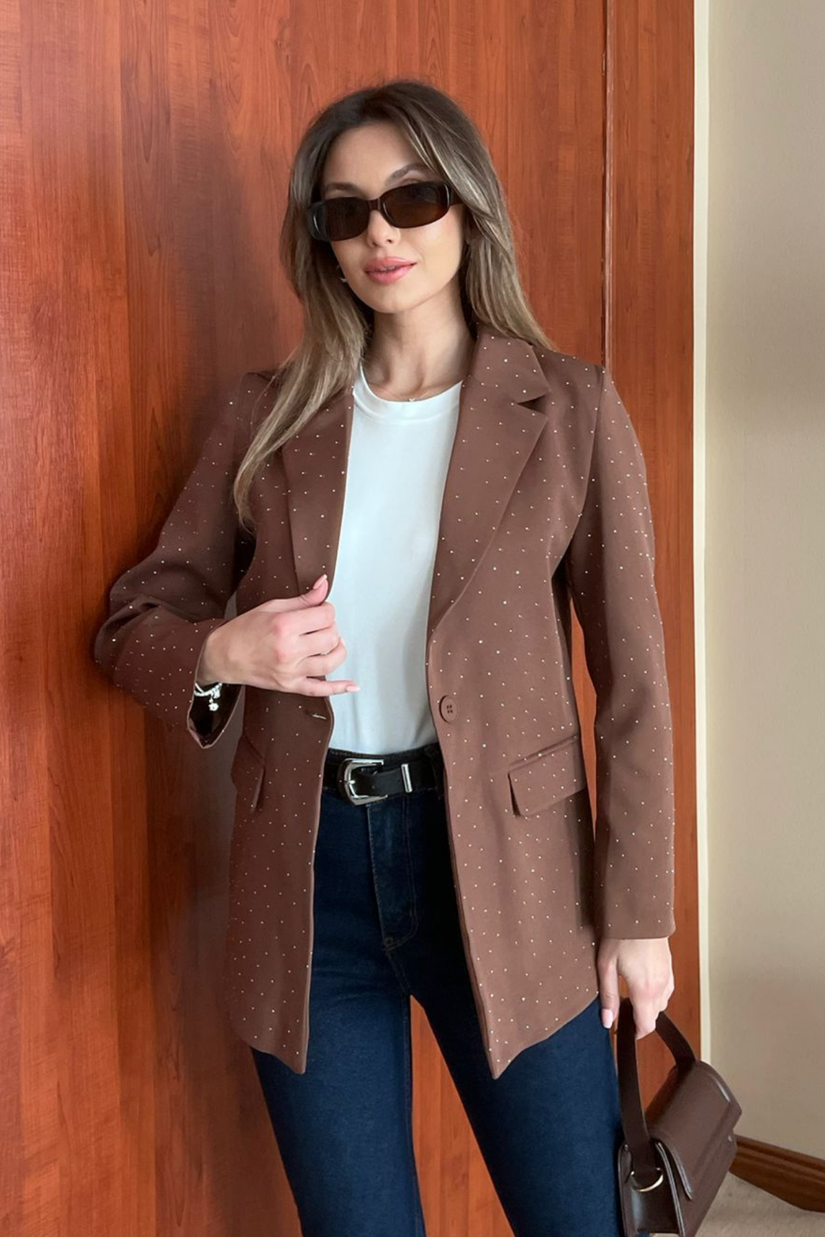 Taşlı Blazer Ceket - KAHVERENGİ