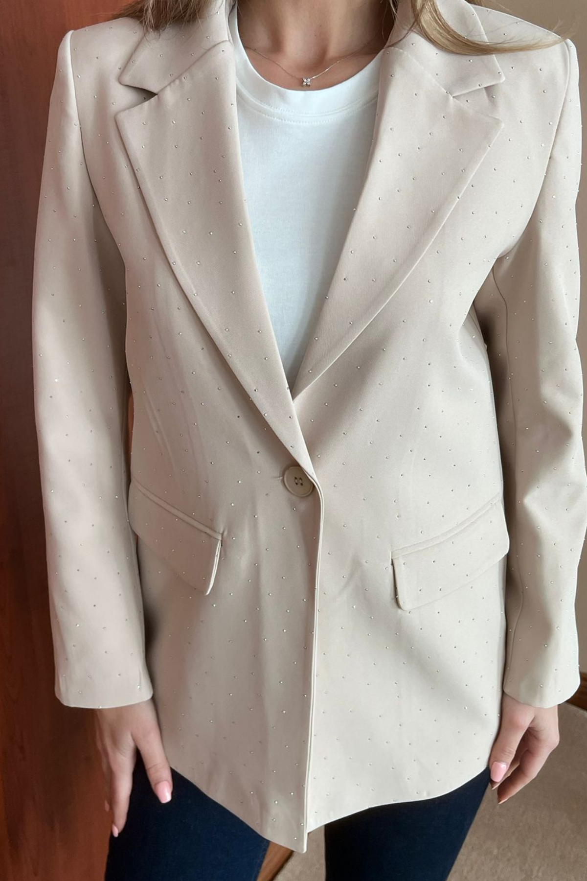 Taşlı Blazer Ceket - KREM