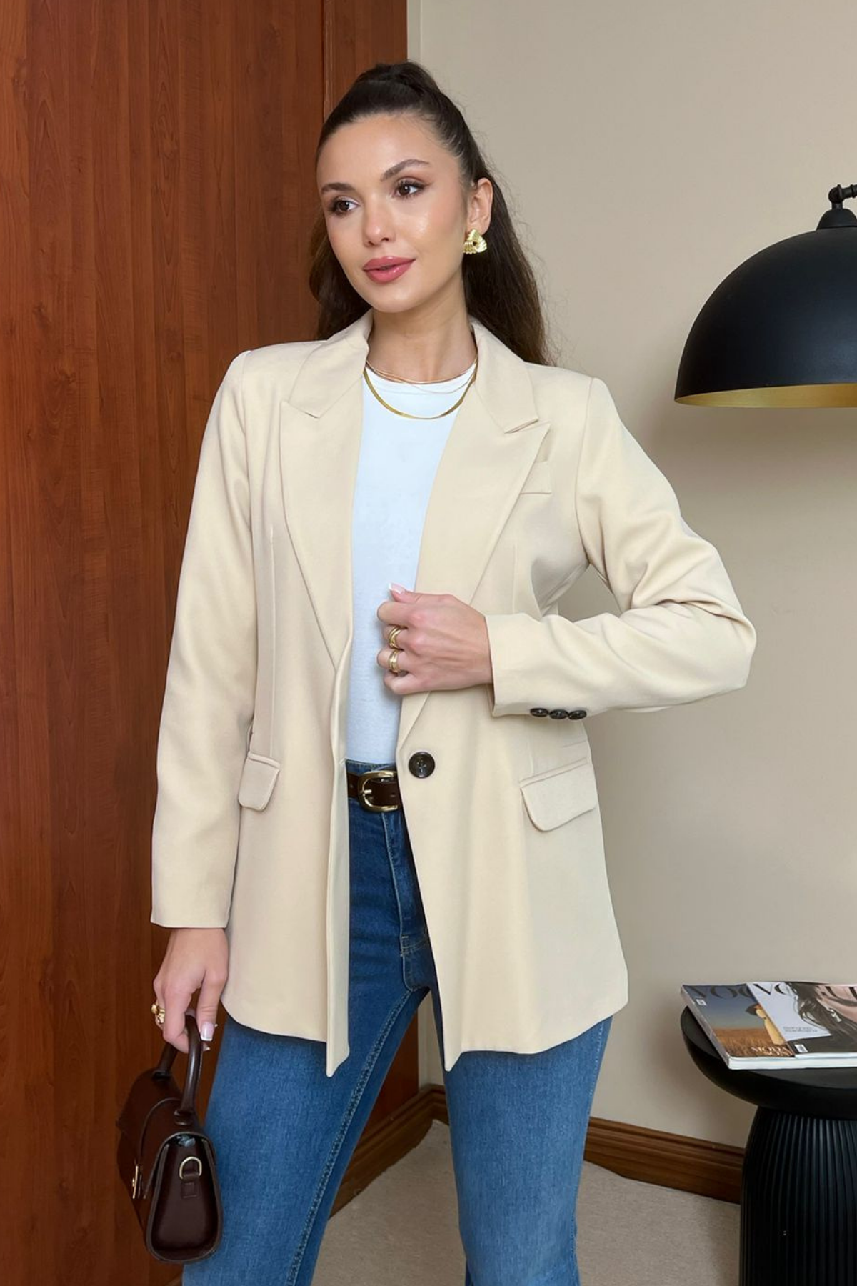 Tek Düğme Blazer Ceket - KREM