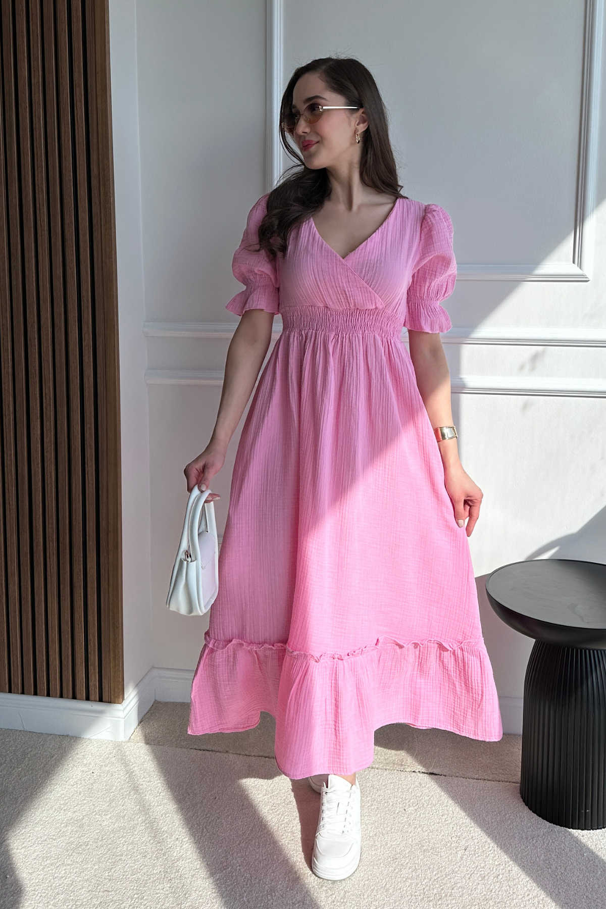 Uzun Müslin Elbise - PEMBE