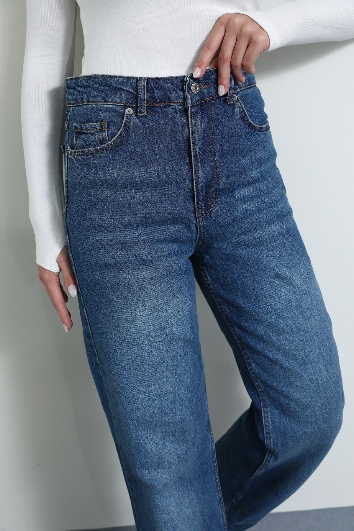 Yüksek Bel Denim Pantolon - MAVİ