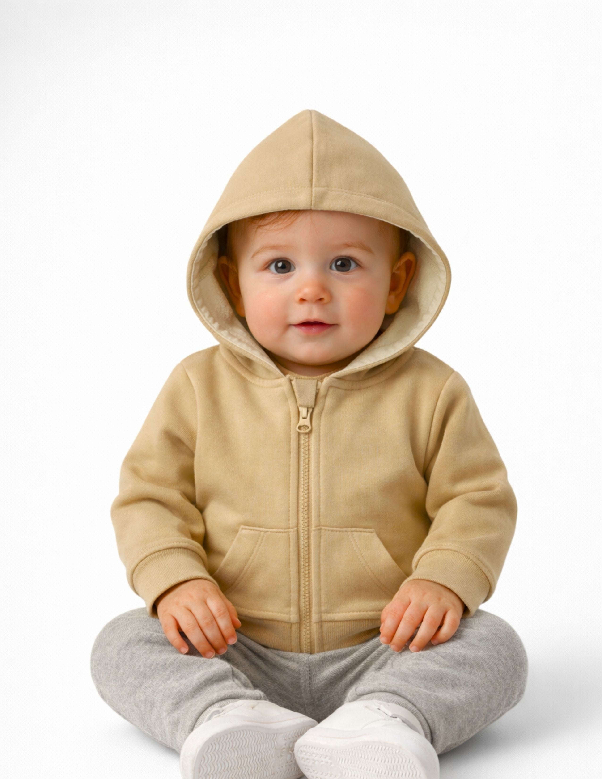 Basic Bebek Bej Kapüşonlu Sweatshirt 