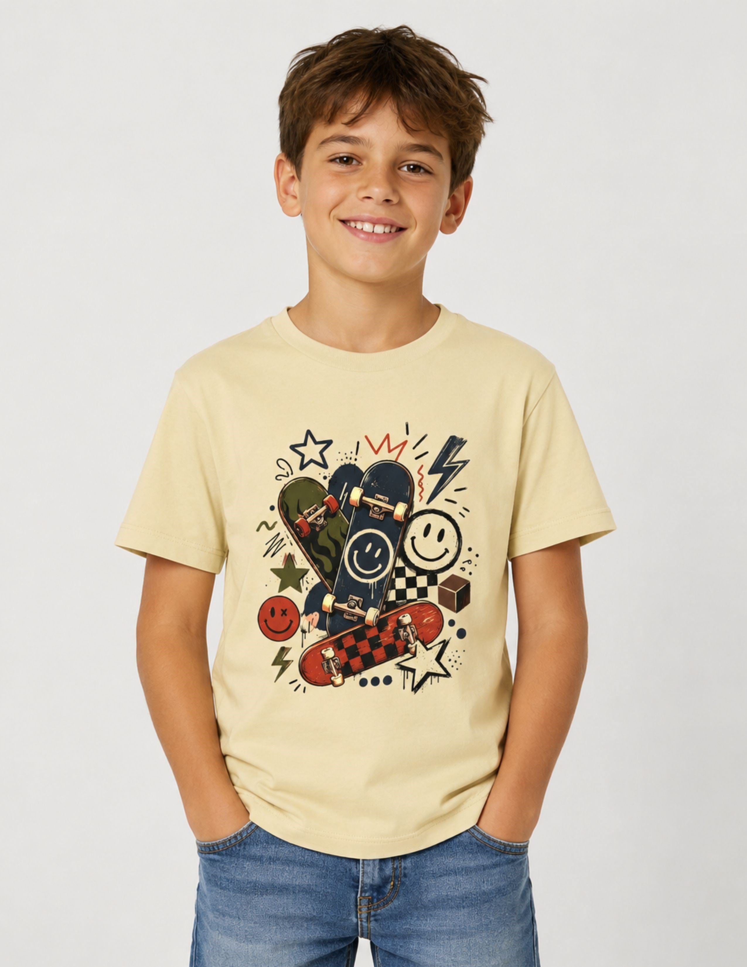 Basic Çocuk Oversize Baskılı Bej T-shirt
