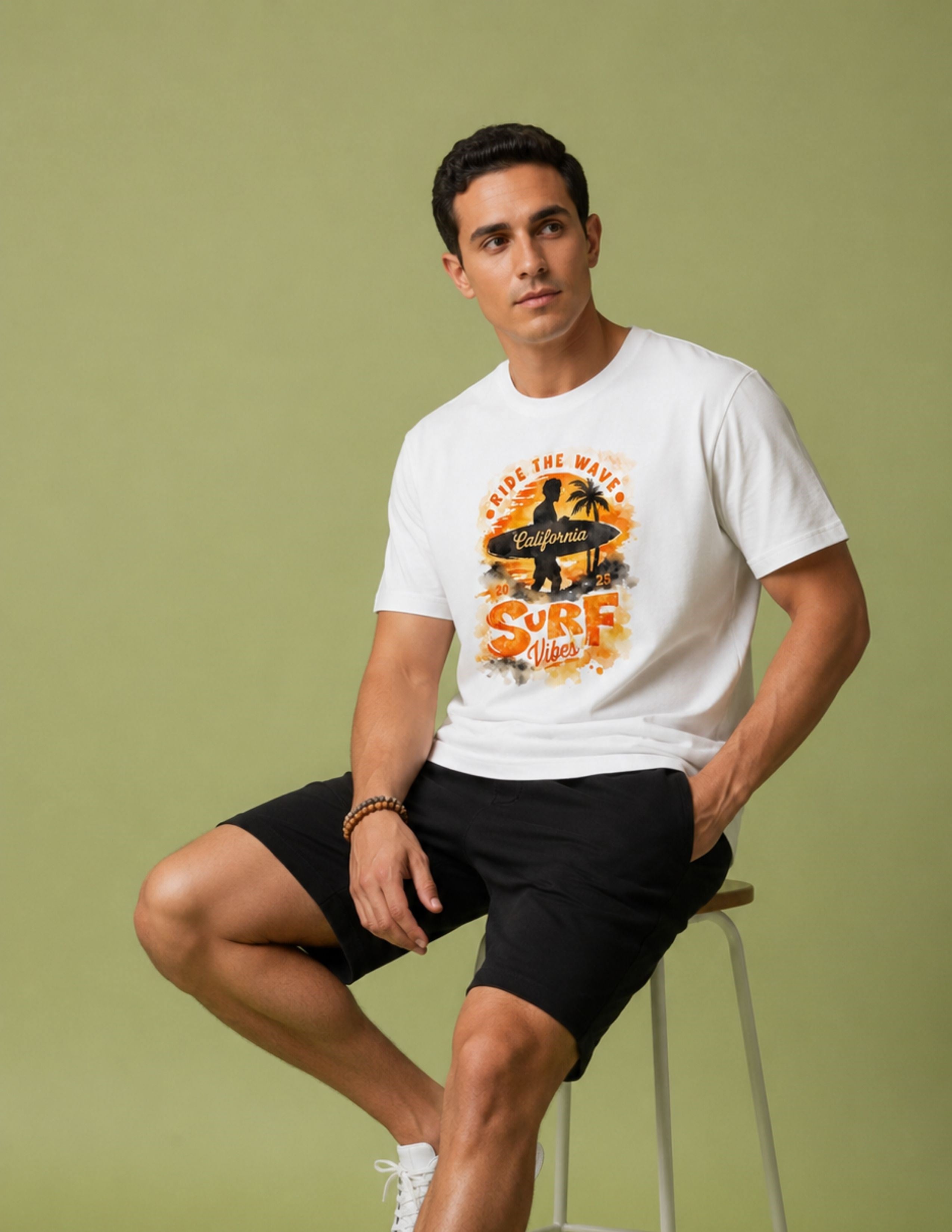 Basic Erkek Bisiklet Yaka Baskılı Beyaz T-shirt