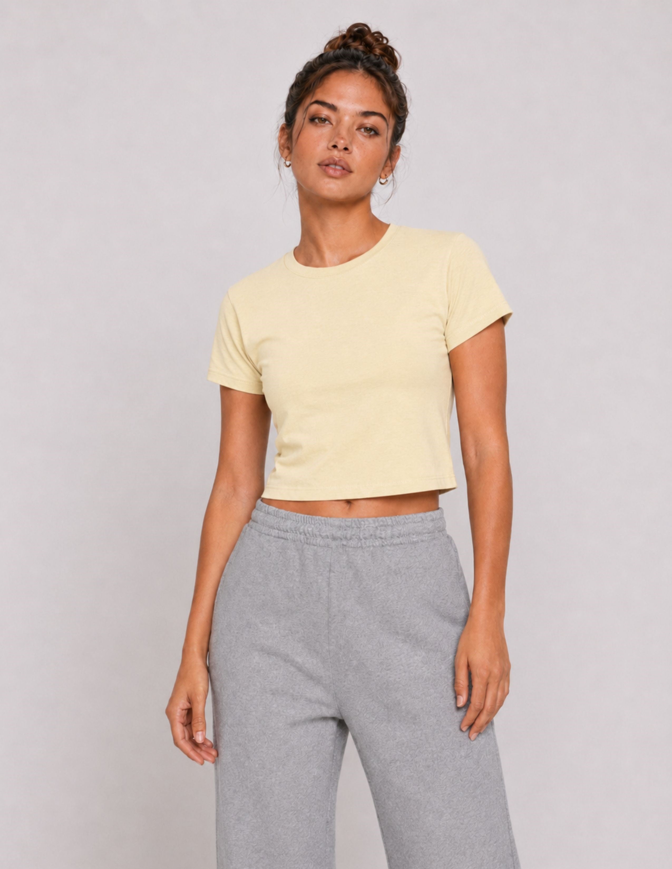 Basic Kadın Crop Bej T-shirt